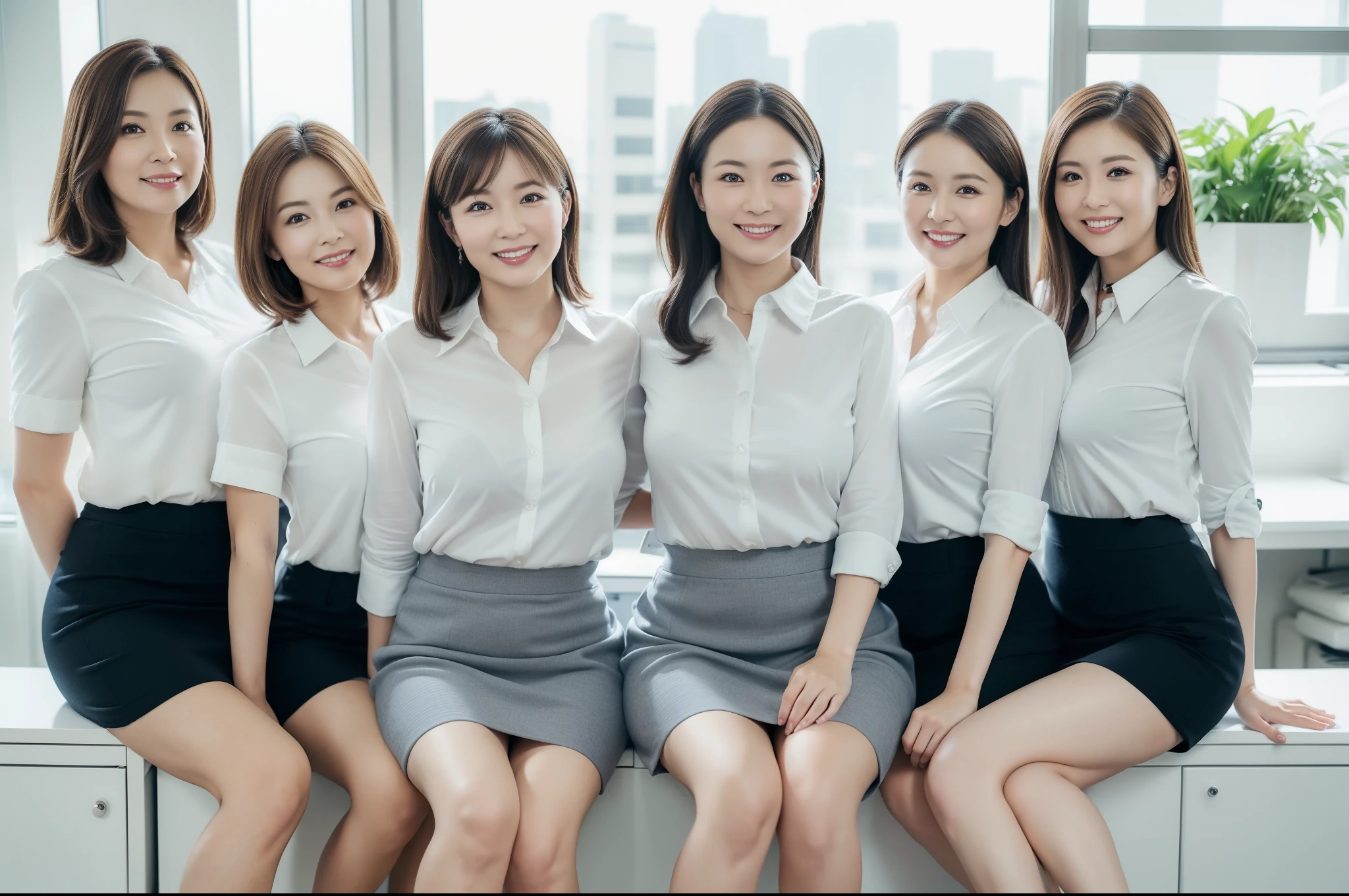 ((Best Quality, 8k, Masterpiecedetails, ultra-high resolution)), (group picture)(looking at the viewer), (full shot:), attractive business 5 milfs, 5 people, a bit chubby:0.25, white collared shirt, grey skirt, (sitting with cross legs on office desks)), smile, office of CEO,