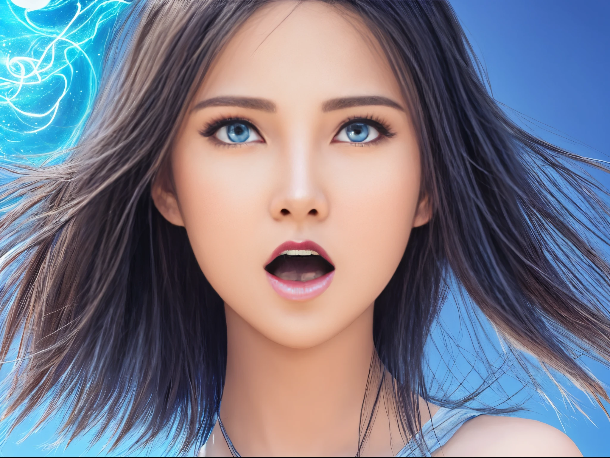 (masterpiece), realistic, beautiful face, cinematic light, bangs, ancient princess and her servant , full body, from above and side, outdoor, ancient ruins in China, beautiful eyes, silver hair, perfect anatomy, very cute,  (blue eyes) , bioluminescence, 8 life size,8k resolution, human hands, elegant, approaching perfection, dynamic, highly detailed, concept art, smooth, facing directly at the viewer positioned so that their body is symmetrical and balanced, stunningly beautiful teenage girl, detailed hairstyle, fractal art, god ray,  endured sadness expression, open mouth and stick out tongue, F-16 fighter jet chased by UFO, rainbow, winter, naked