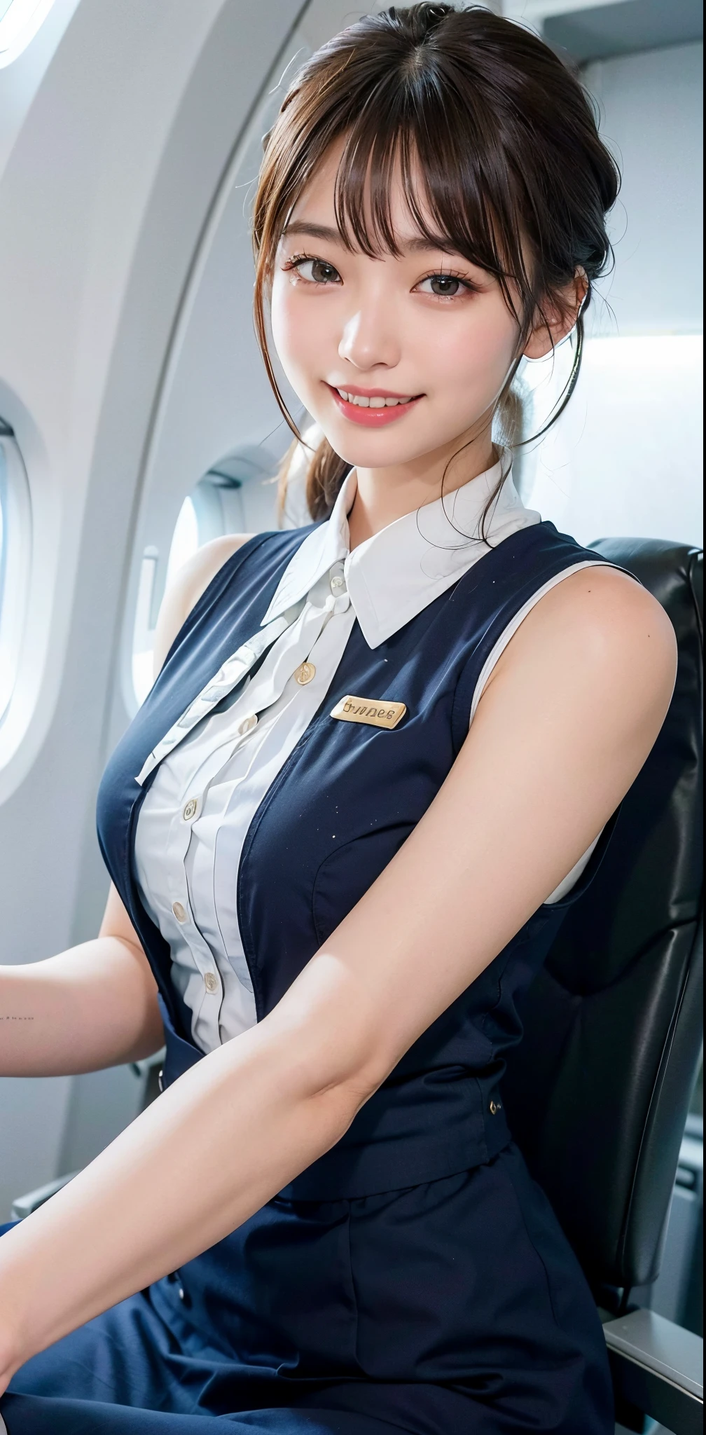 8K, of the highest quality, Intricate details, Ultra Detail, Ultra High Resolution, masterpiece, smile, (fluffy brown eyes: 1.21), Brown eyes, 1female, Solo, 40 years, cowboy shot, Standing , (Beautiful Face), Black bob hair, (Detailed face), Detailed lips, (Stewardess uniform:1.3), detailed chest, (huge breasts), detail, Perfect body, background: (in an airplane)