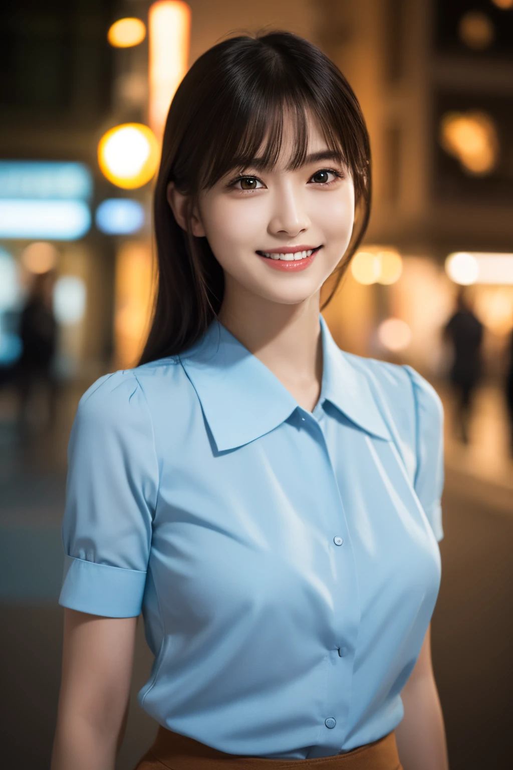 1girl in, (Wearing a light blue blouse:1.2), (Raw photo, Best Quality), (Realistic, Photorealsitic:1.4), masutepiece, Extremely delicate and beautiful, Extremely detailed, 2k wallpaper, amazing, finely detail, the Extremely Detailed CG Unity 8K Wallpapers, Ultra-detailed, hight resolution, Soft light, Beautiful detailed girl, extremely detailed eye and face, beautiful detailed nose, Beautiful detailed eyes, Cinematic lighting, city light at night, Perfect Anatomy, Slender body, Smiling