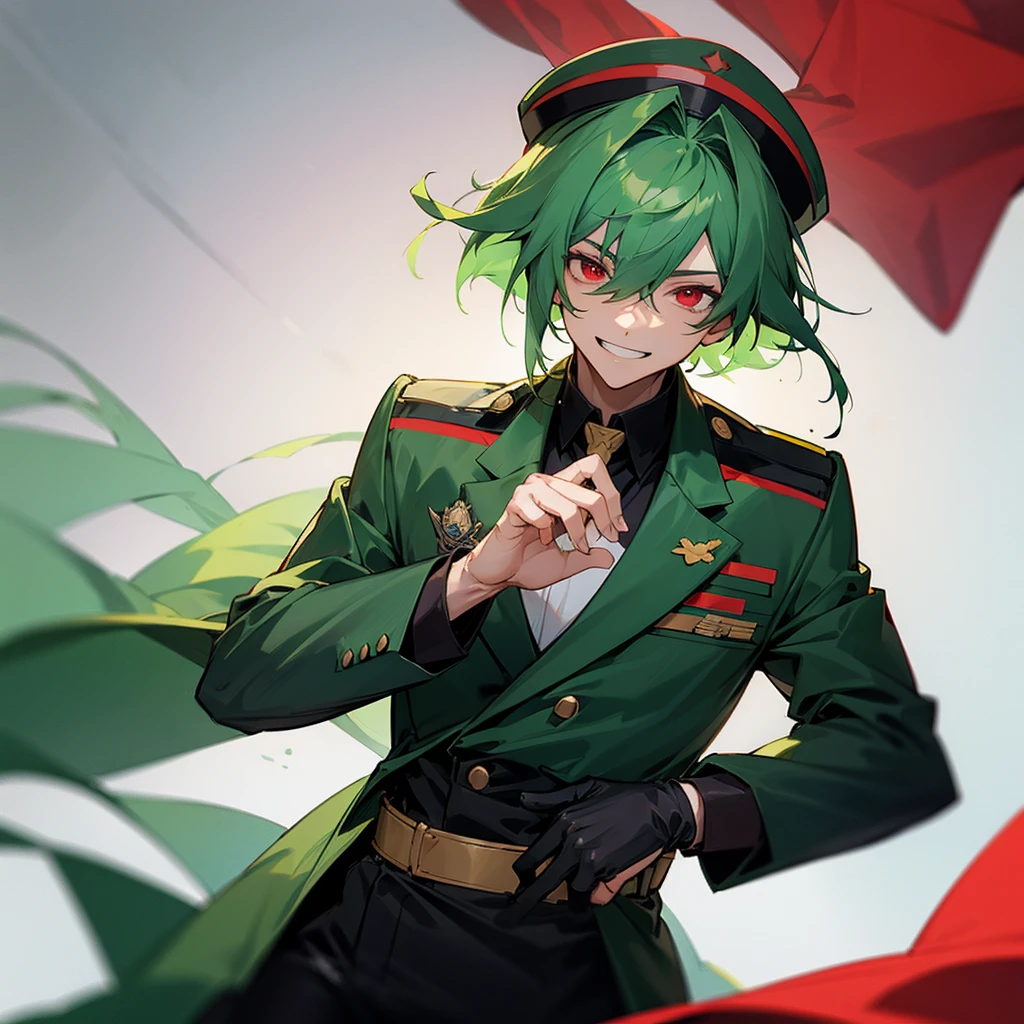Male, soldier, anime, black outfit and hat, green hair, red eyes, grinning