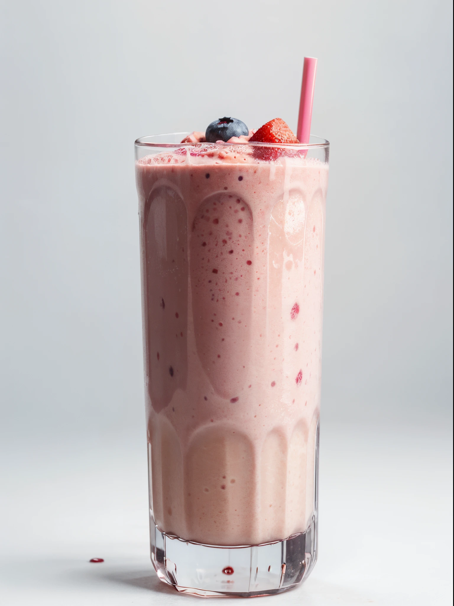 （Best quality，8K，Masterpiece：1.3）, NOhumans, Clear glass, There are a lot of strawberries in it、Blueberry and Banana Smoothie, milkshake, blend, detalhe poderoso, intense detail, on the white background, Clear detail, professional,