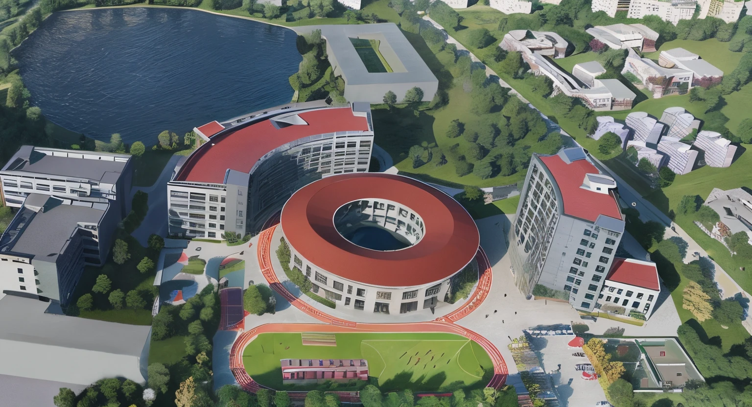 Aerial view of campus with pond and red roofs, research complex, the ultra-detailed, a digital rendering, a digital rendering, precise architectural rendering, building rendering,circular roof,Architectural style of Fujian earth buildings