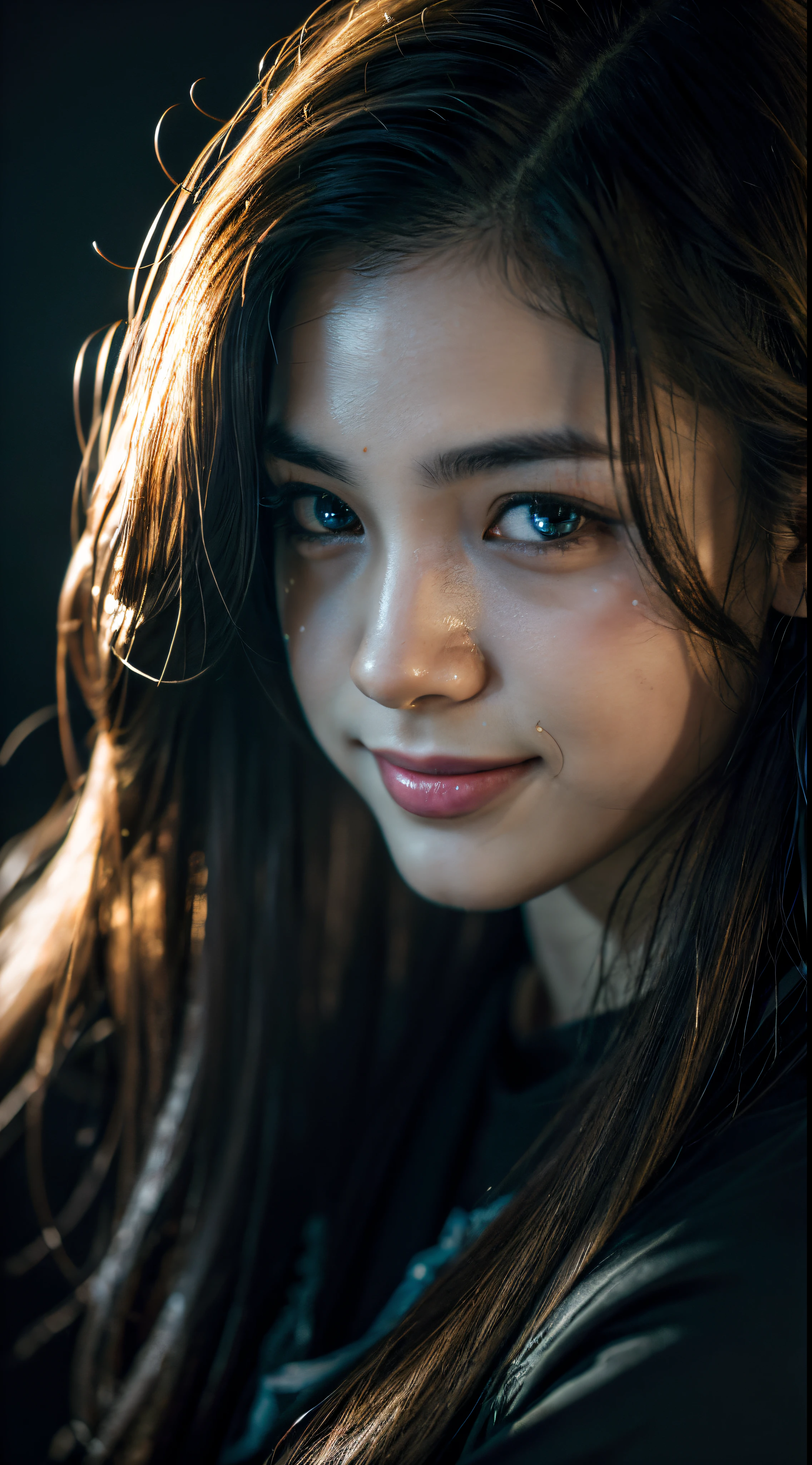 highest quality, epic realistic, ((in the pitch black darkness :1.4)), ((portrait:1.5)),(background: dark ) high contrast ,glorious picture, lowest lux, lighting face, she's comfortable, dark plain shirt, looks incredible, (8k, Raw photo, Highest quality),(epic realistic:1.5), a woman, face,(detailed eyes:0.8),(looking at the camera:1.4), (Highest quality), ( high contrast, deep shadows),Intricate details,cinematic,((skin:1.4)), (long dark hair:1.3), long hair, messy ,(Hdr:1.5),Detailed, colors, Superior quality, ( starry sky: 1.4), Masterpiece, Raw Photo (20-year-old, looking at viewer), beautiful, (wearing dark shirt,), perfect, natural, perfect composition, portrait, perfect face, smiling expression, Captivating eyes, Bright details, Tight lips, (High Skin Detail),, (blue tint: 0.6), (sale: 0.8), (bloody: 0.7), Key lighting , (backlight: 0.5), Medium depth of field, Canon 5d, 50mm lens, f/4 apertures, (Ultra-detailed, Complex detail), sharp focus, soft colors, 8k, Absurd, 80mm, dark background, photography, smiling, pinay, filipina, medium tits