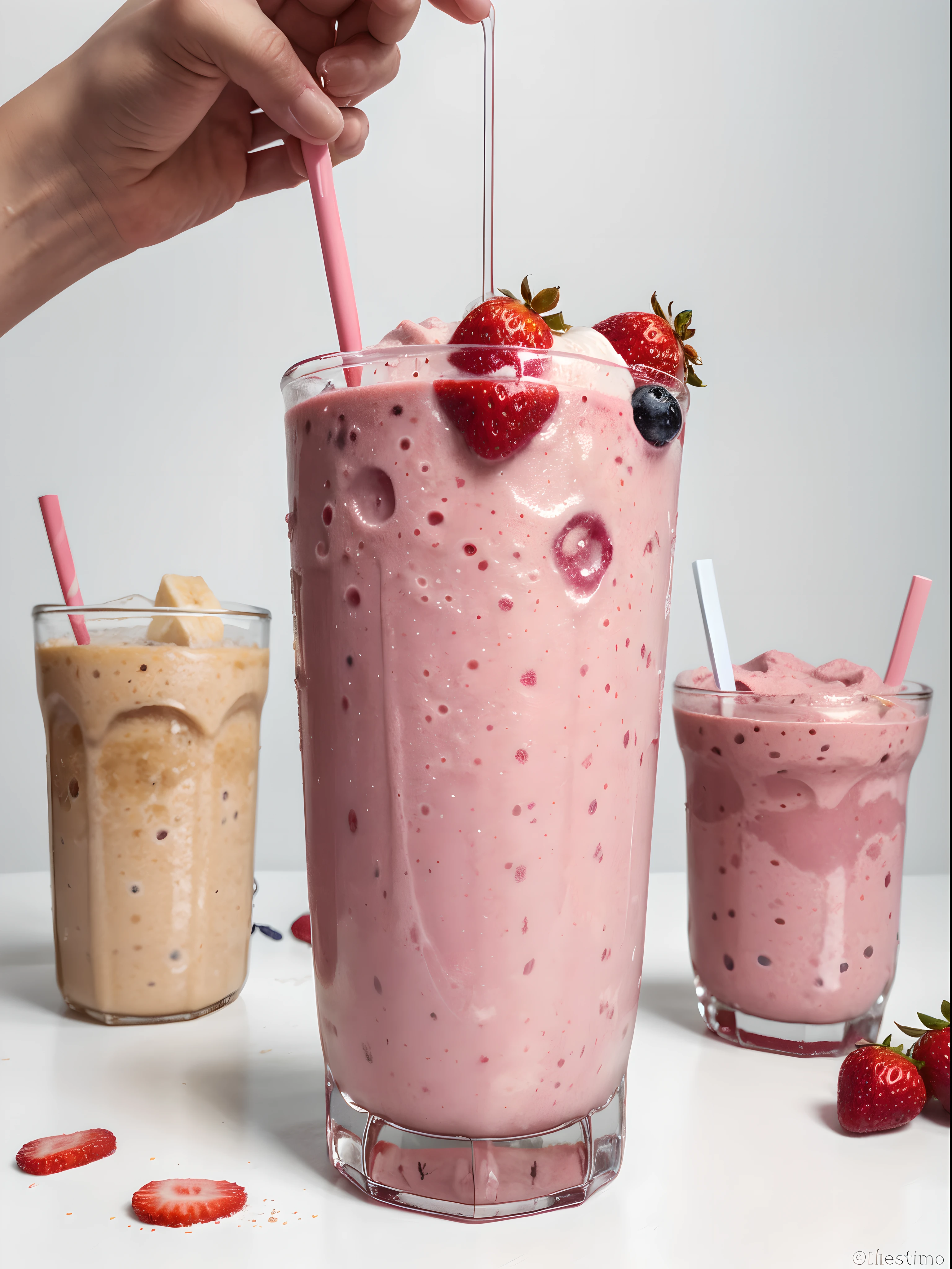 （Best quality，8K，Masterpiece：1.3）, NOhumans, Clear glass, There are a lot of strawberries in it、Blueberry and Banana Smoothie, milkshake, blend, detalhe poderoso, intense detail, on the white background, Clear detail, professional,