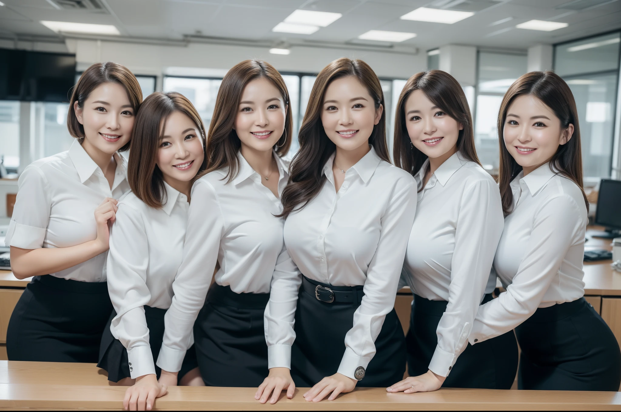 ((Best Quality, 8k, Masterpiecedetails, ultra-high resolution)), (group picture)(looking at the viewer), (full shot:), attractive business 5 milfs, 5 people, a bit chubby:0.25, white collared shirt, grey skirt, (sitting with cross legs on office desks)), smile, office of CEO,