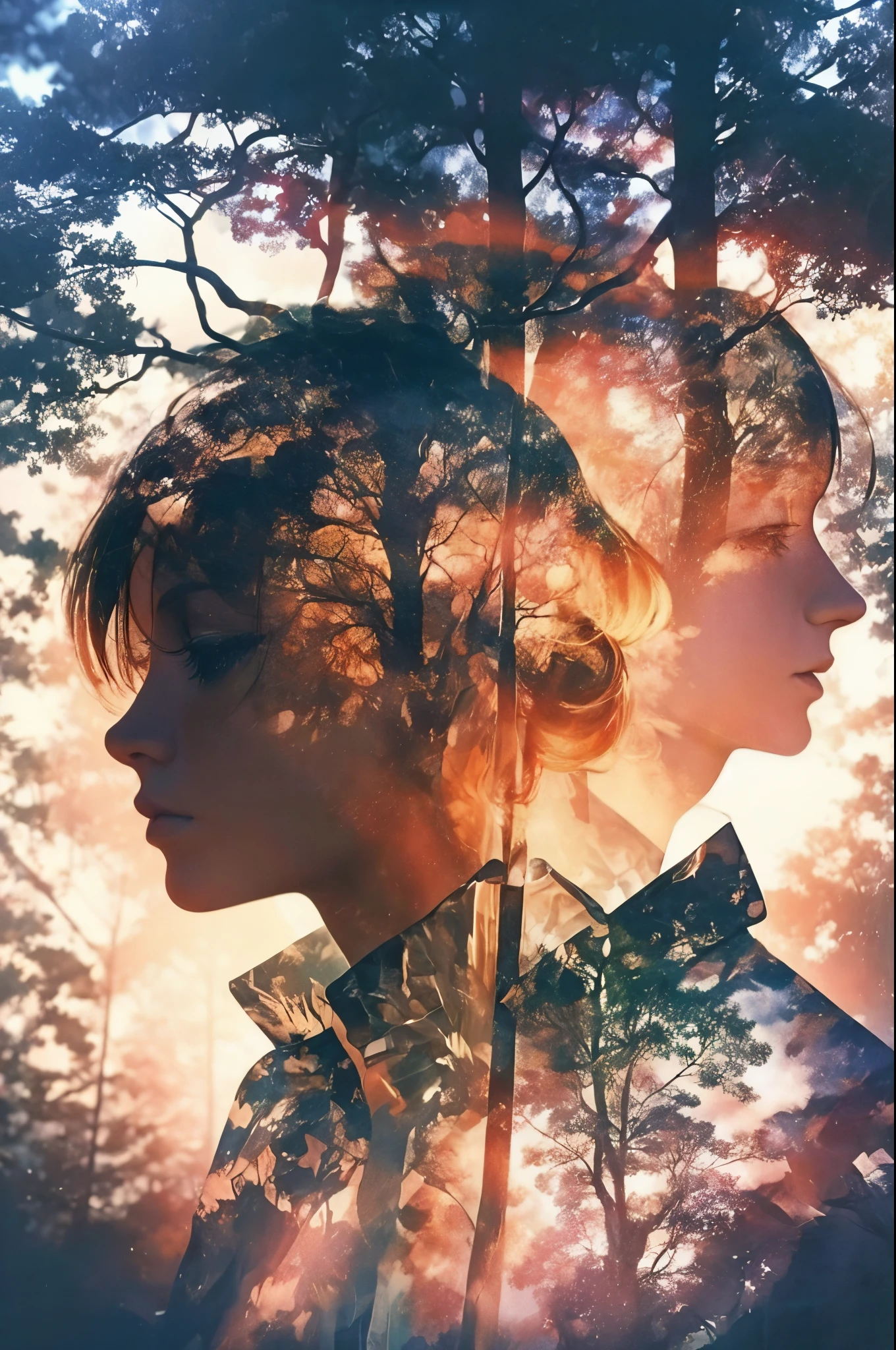 masterpiece, photography, double exposure of a spade, centered, elf 1girl, mythical forest background, volumetric lighting, symmetric, vibrant color, (epic composition, epic proportion), HD