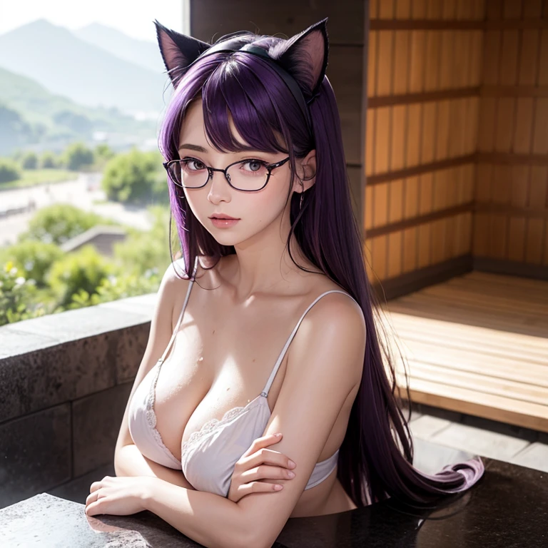 une femme adulte avec des lunettes allongée sur le sol, Nm in sauna, hammam ,on peu à peine la voir, cachée par la vapeur, sweaty skin,cat ears, Dark and purple hair, Hair on her Breasts , cheveux noirs et mèches violettes, oreilles de chat sur la tête, belle poitrine , Décolleté important, Avatar de seconde vie, Belle capture d’écran, charme , Seconde vie, femme séduisante, portant des lunettes