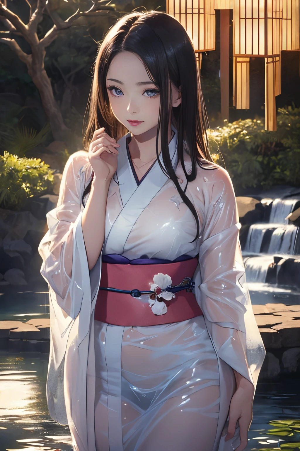 ((Waterfall basin on a moonlit night)),((beautiful woman standing in the middle of the pond)),((Beautiful half-naked woman in a beautiful waterfall basin)), ((Sharp bewitching eyes))、((A sexy))、(((See-through kimono:1.3)))、((Kimono made of thin cloth wet with water:1)), pale skin、(((1 girl in:1))), ((pale skin))、Melancholy beautiful face、Beautiful expression、Sexy face、Nipple bumps, (((Lower breast)))、(((Beautiful breasts ))), Beautiful 、long boots、Super fine face、Delicat eyes、(Double eyelids)、 (((1 Japan Woman)))、 Beautie, 20yr old,((See-through kimono)), (Show off by wearing Japanese revealing clothes),