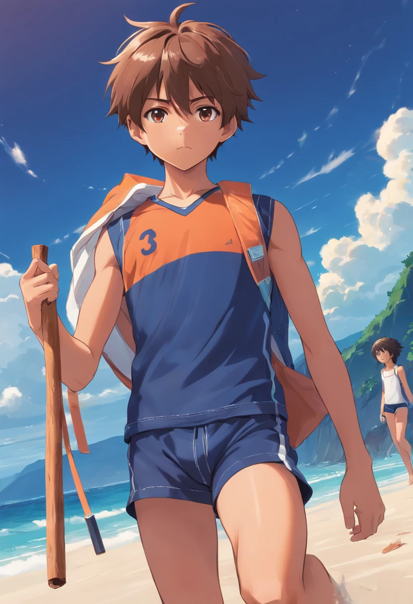 Eine hyperrealistische, 12 year old boy with cinnamon brown skin, Athletic Tone Body Spiky Hair,Serious male thoughtful observer wearing dark blue school swimsuit, Mokkori,