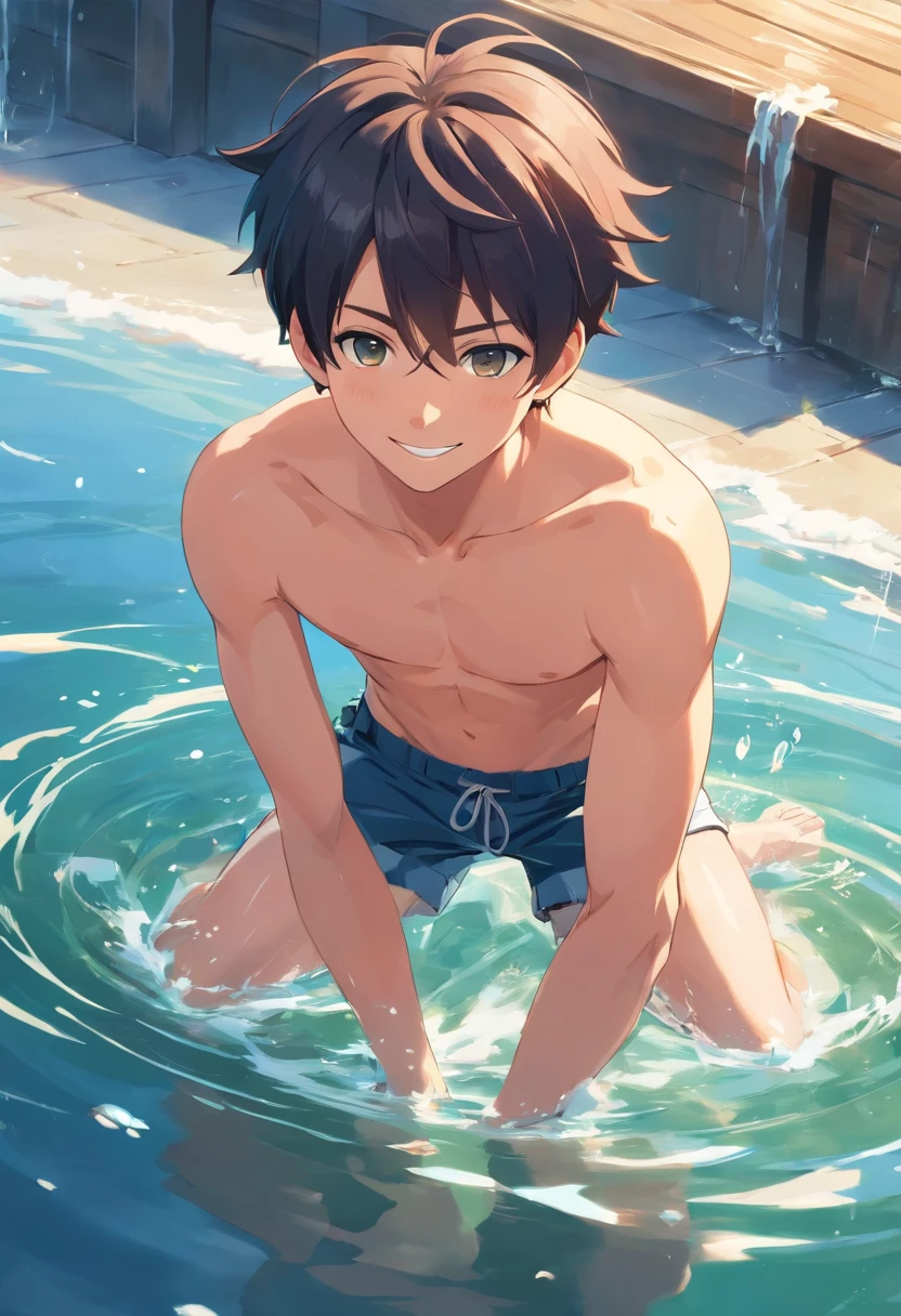 A ********** boy sitting on a poolside, m, wearing tight thin swim trunks, no shirt on, no top on, defined muscles, brown hair.great quality image, best quality, masterpiece, clear image