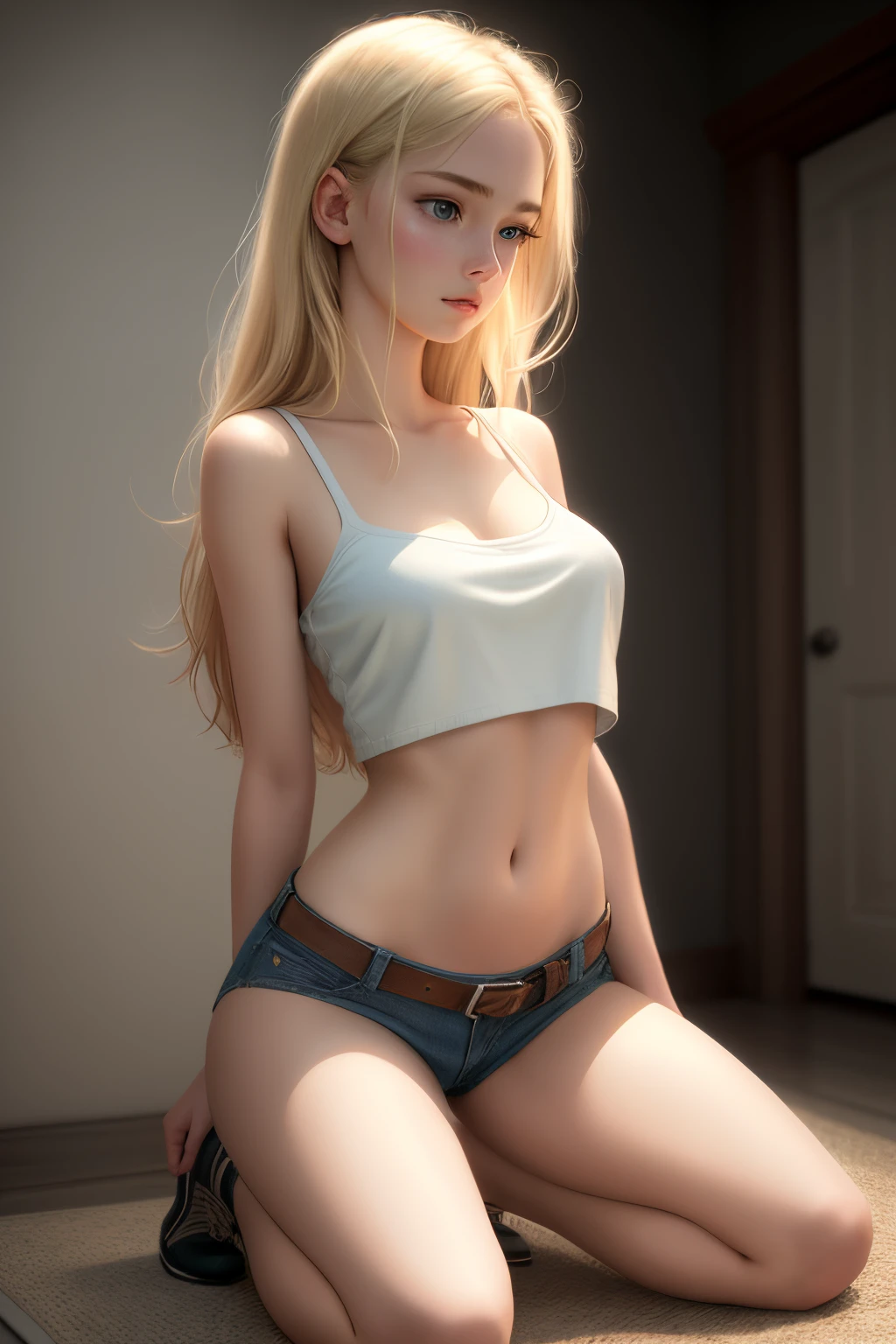 close up 1girl in, 18yo, ager, Solo, Aesthetic artwork, blond, straight blonde hair, super long blonde hair, light blue eyes, some small freckles, pale skin, A-cup, small breasts, runners body, (thin hips, thin waist: 1.25), detailed skin, neutral face, parted lips, (action shot, kneeling:1.3), arched back, side profile, wearing crop top t-shirt, short shorts. Belt, Blue jeans ripped, (full body: 1.1), 24mm, 4k textures, soft cinematic light, RAW intricate, elegant, highly detailed, sharp focus, ((((cinematic look)))), soothing tones, insane details, intricate details, hyperdetailed, low contrast, soft cinematic light, dim colors, exposure blend, hdr, faded