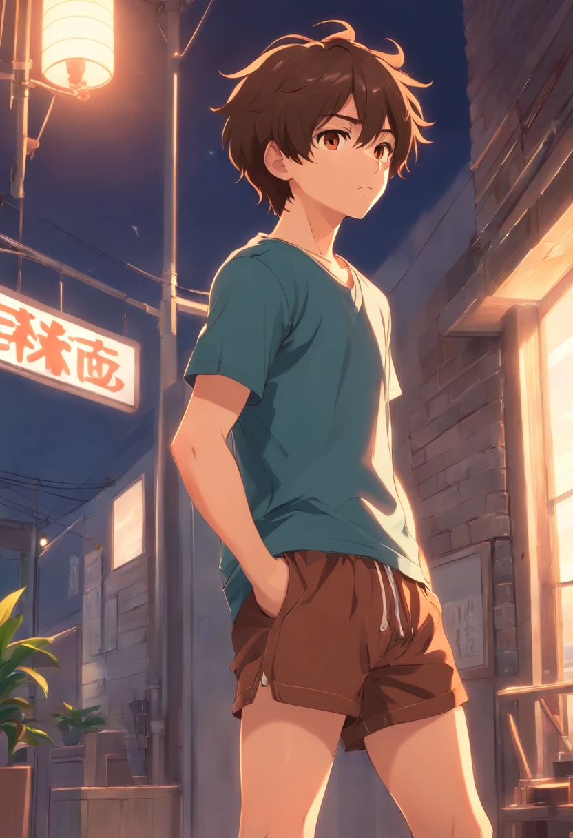 Meisterwerk, best quality, fair-skinned boy with brown curly hair and brown eyes, posierend, in seinen Boxershorts,