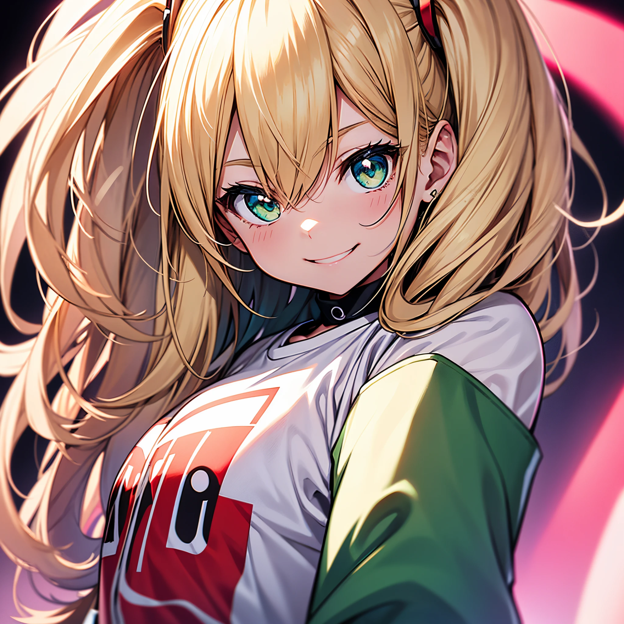 one girls、blondehair、Emerald Eye、a short bob、Enlarged depiction of the upper body、masutepiece、超A high resolution、No background, Thin、Smile and signal、Smile with your mouth wide open、Cute smile、Detailed limb depiction、Large size white t-shirt、Vivid neon background