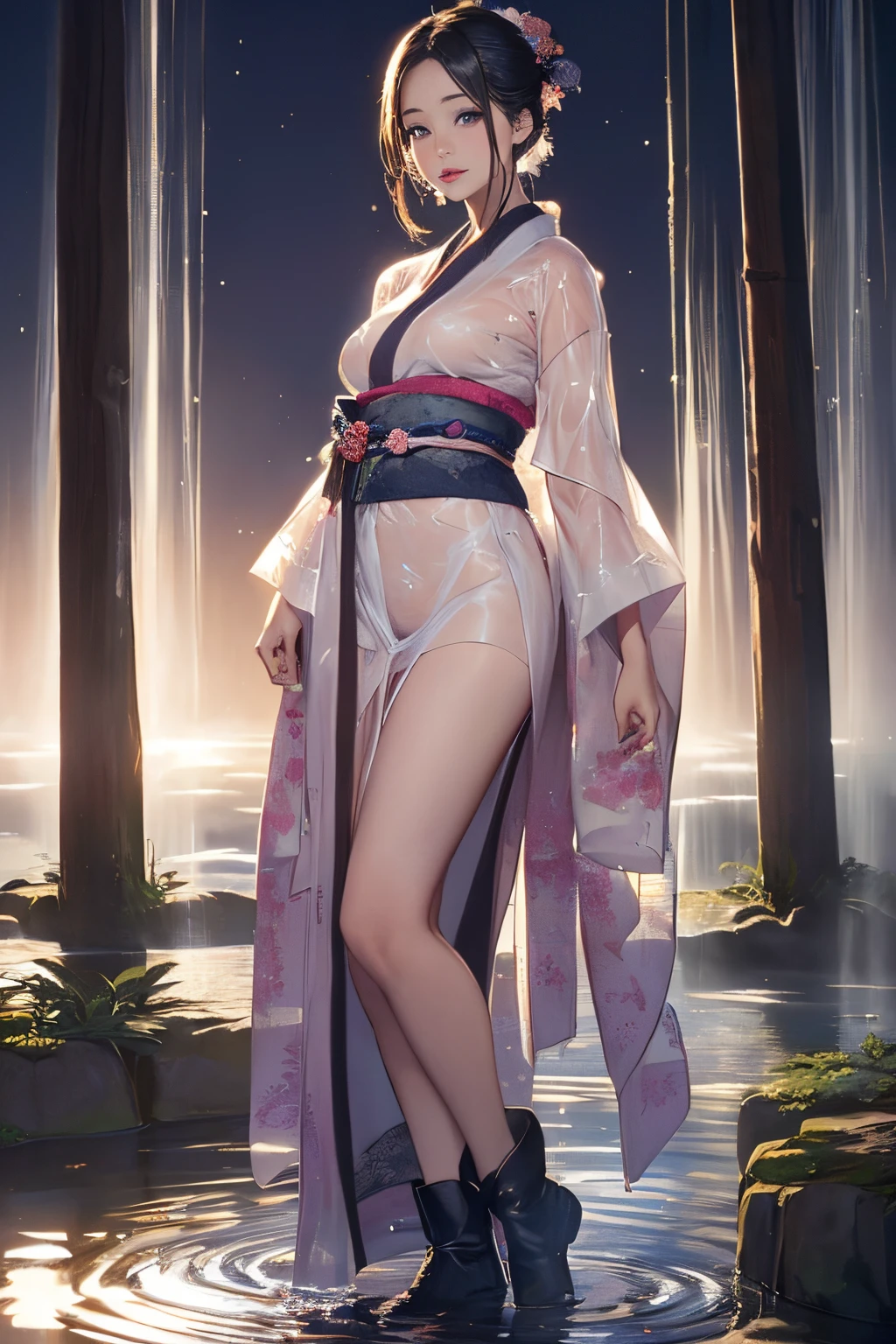 ((Waterfall basin on a moonlit night)),((beautiful woman standing in the middle of the pond)),((Beautiful half-naked woman in a beautiful waterfall basin)), ((Sharp bewitching eyes))、((A sexy))、(((See-through kimono:1.3)))、((Kimono made of thin cloth wet with water:1)), pale skin、(((1 girl in:1))), ((pale skin))、Melancholy beautiful face、Beautiful expression、Sexy face、Nipple bumps, (((Lower breast)))、(((Beautiful breasts ))), Beautiful 、long boots、Super fine face、Delicat eyes、(Double eyelids)、 (((1 Japan Woman)))、 Beautie, 20yr old,((See-through kimono)), (Show off by wearing Japanese revealing clothes),