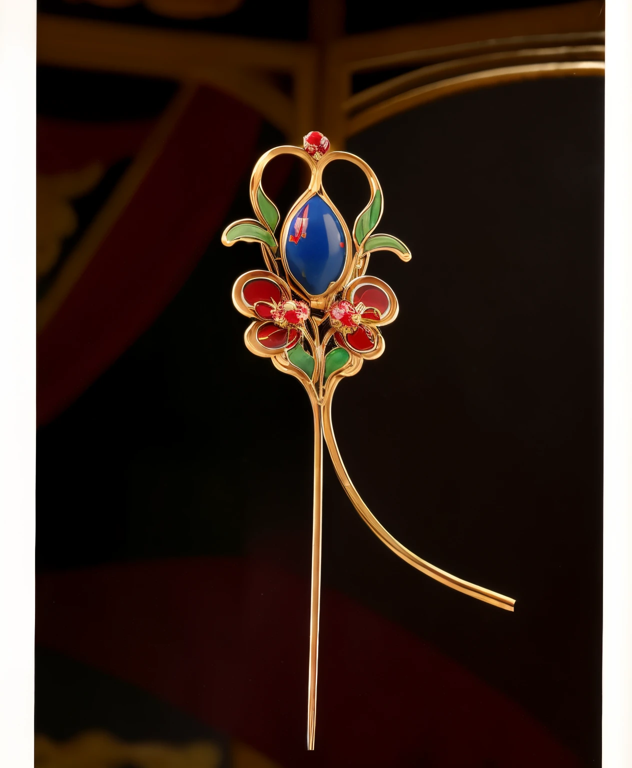 Plant elements,Close-up of red and blue hairpins with red beads, oriental art nouveau, rene lalique, cloisonne, Art Nouveau ornaments, Bright colors of the 1920s, Art Nouveau accents, cloisonne, early 2nd century, in an art nouveau style ( 1 9 2 2 ), Orientalism in the 1920s