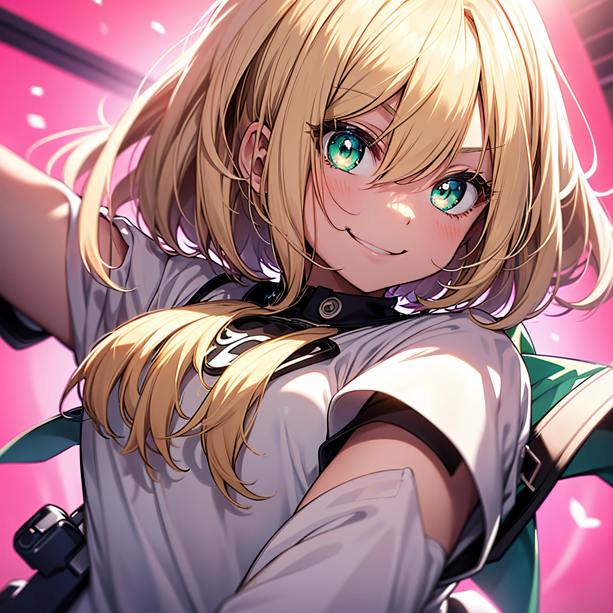 one girls、blondehair、Emerald Eye、a short bob、Enlarged depiction of the upper body、masutepiece、超A high resolution、No background, Thin、Smile and signal、Smile with your mouth wide open、Cute smile、Detailed limb depiction、Large size white t-shirt、Vivid neon background
