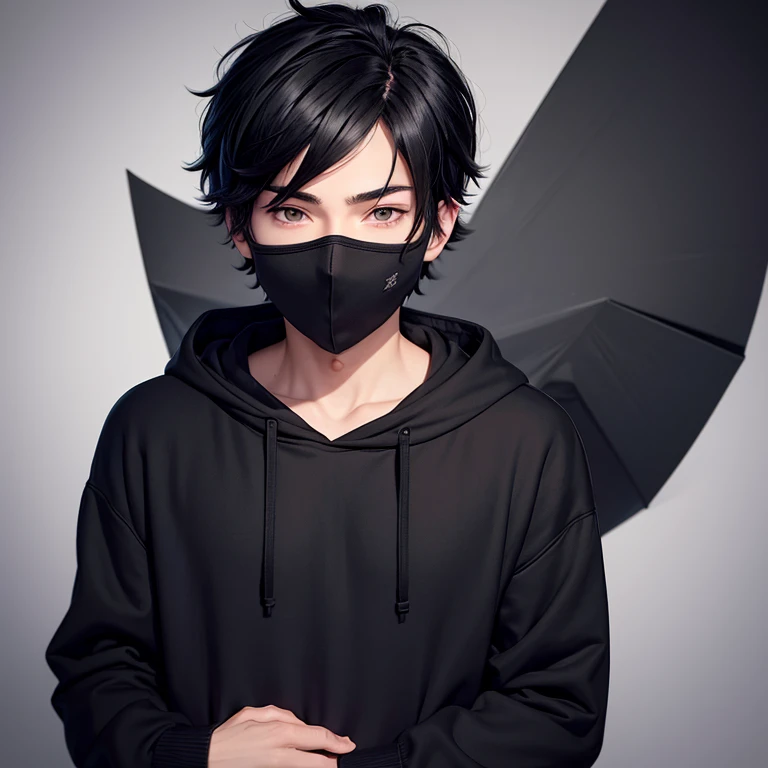 Anime boy in black sweater Hoodie in a black sweater. Black hair. Black eyes. Black full wrap mask. Hands in pockets. Portrait of a cartoon boy.