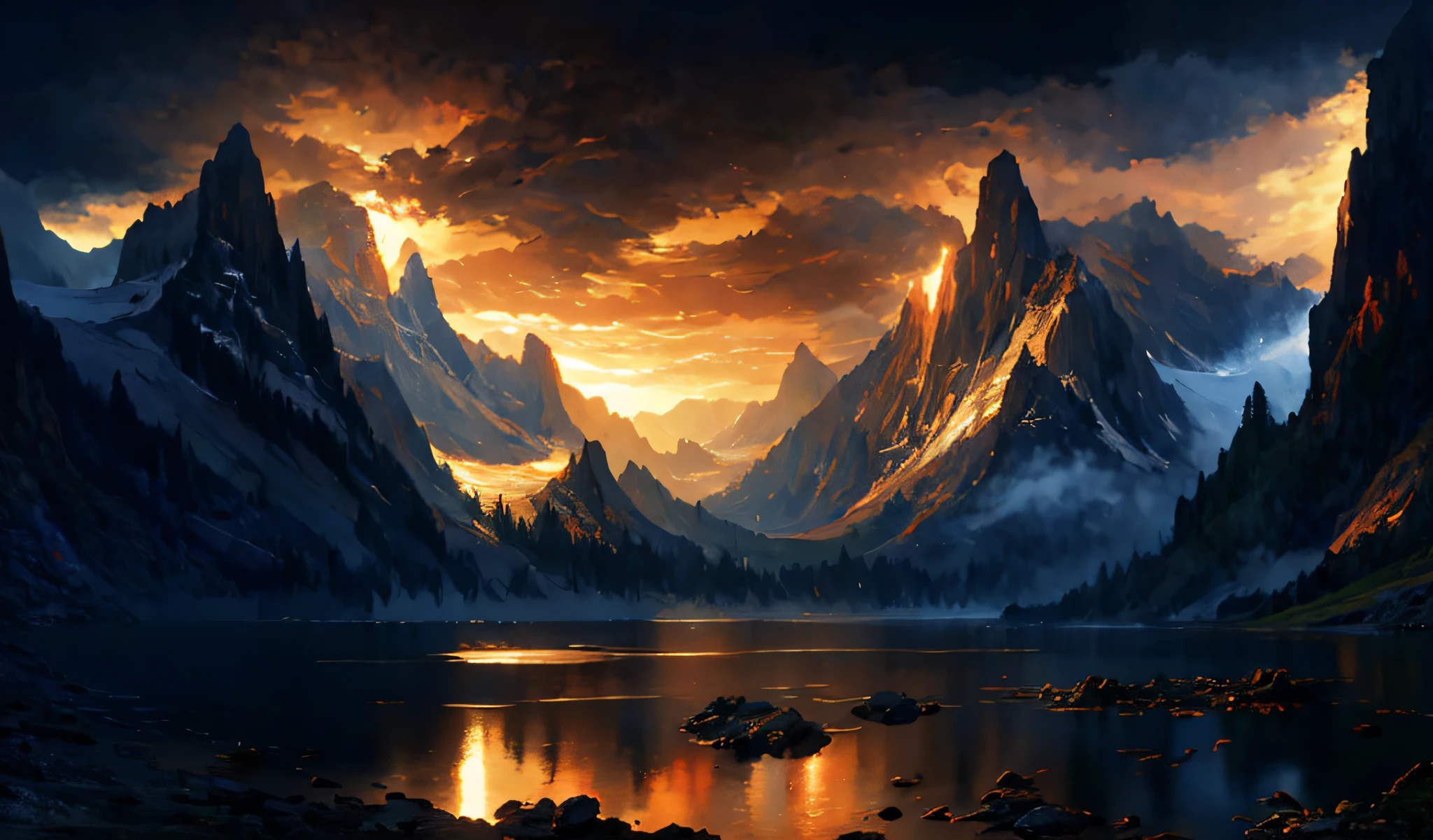 photo of a mountain scene with a lake and a mountain and a beach in the dark clouds background, lots of waterfalls, inspired by Thomas Moran, mountainscape, misty mountains, detailed digital painting, detailed soft painting, inspired, soft digital painting, high detail digital painting, low detailed. digital painting, painted in high resolution, 8 k resolution digital painting, 8k resolution digital painting, detailed painting 4 k, hyper realism