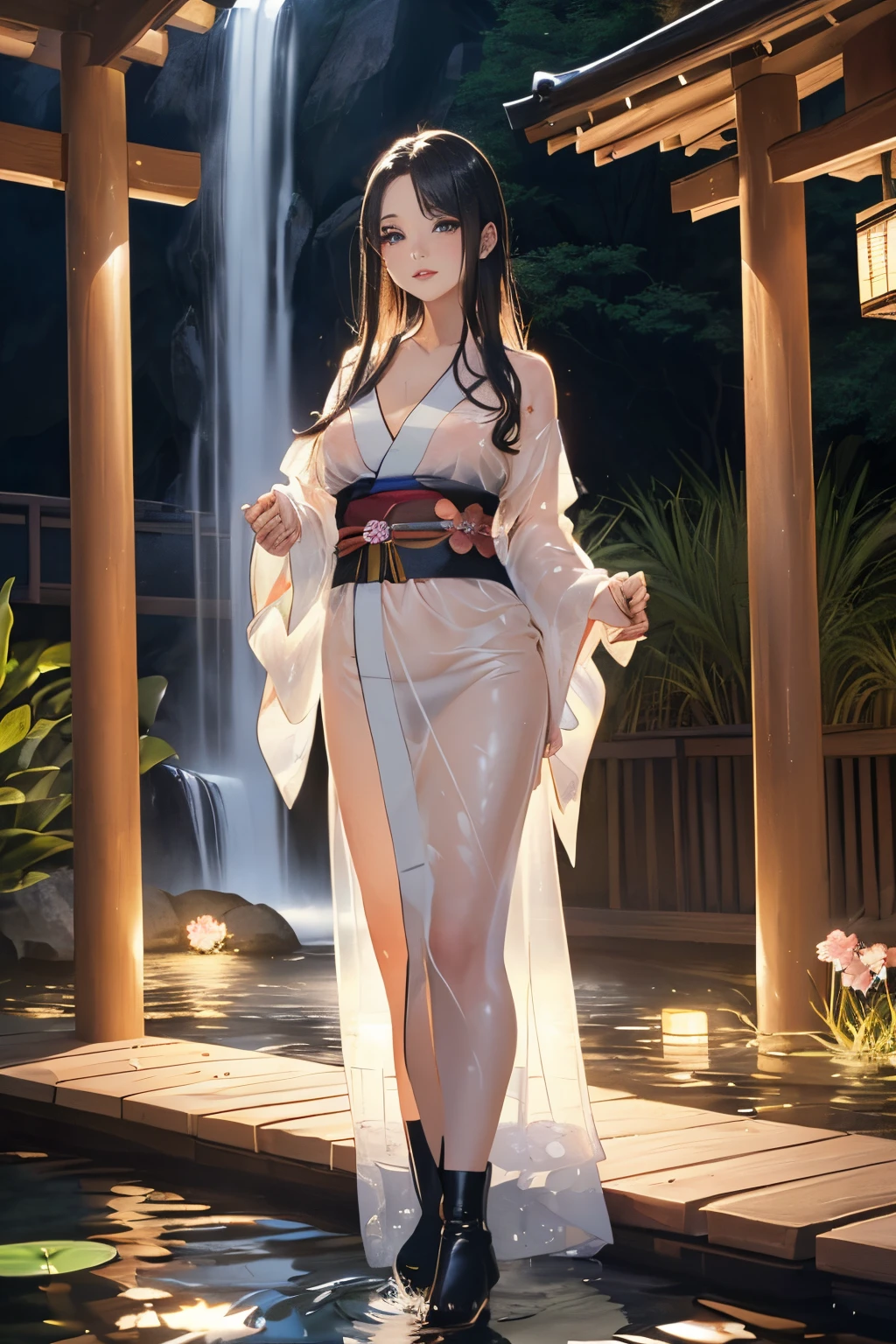 ((Waterfall basin on a moonlit night)),((beautiful woman standing in the middle of the pond)),((Beautiful half-naked woman in a beautiful waterfall basin)), ((Sharp bewitching eyes))、((A sexy))、(((See-through kimono:1.3)))、((Kimono made of thin cloth wet with water:1)), pale skin、(((1 girl in:1))), ((pale skin))、Melancholy beautiful face、Beautiful expression、Sexy face、Nipple bumps, (((Lower breast)))、(((Beautiful breasts ))), Beautiful 、long boots、Super fine face、Delicat eyes、(Double eyelids)、 (((1 Japan Woman)))、 Beautie, 20yr old,((See-through kimono)), (Show off by wearing Japanese revealing clothes),