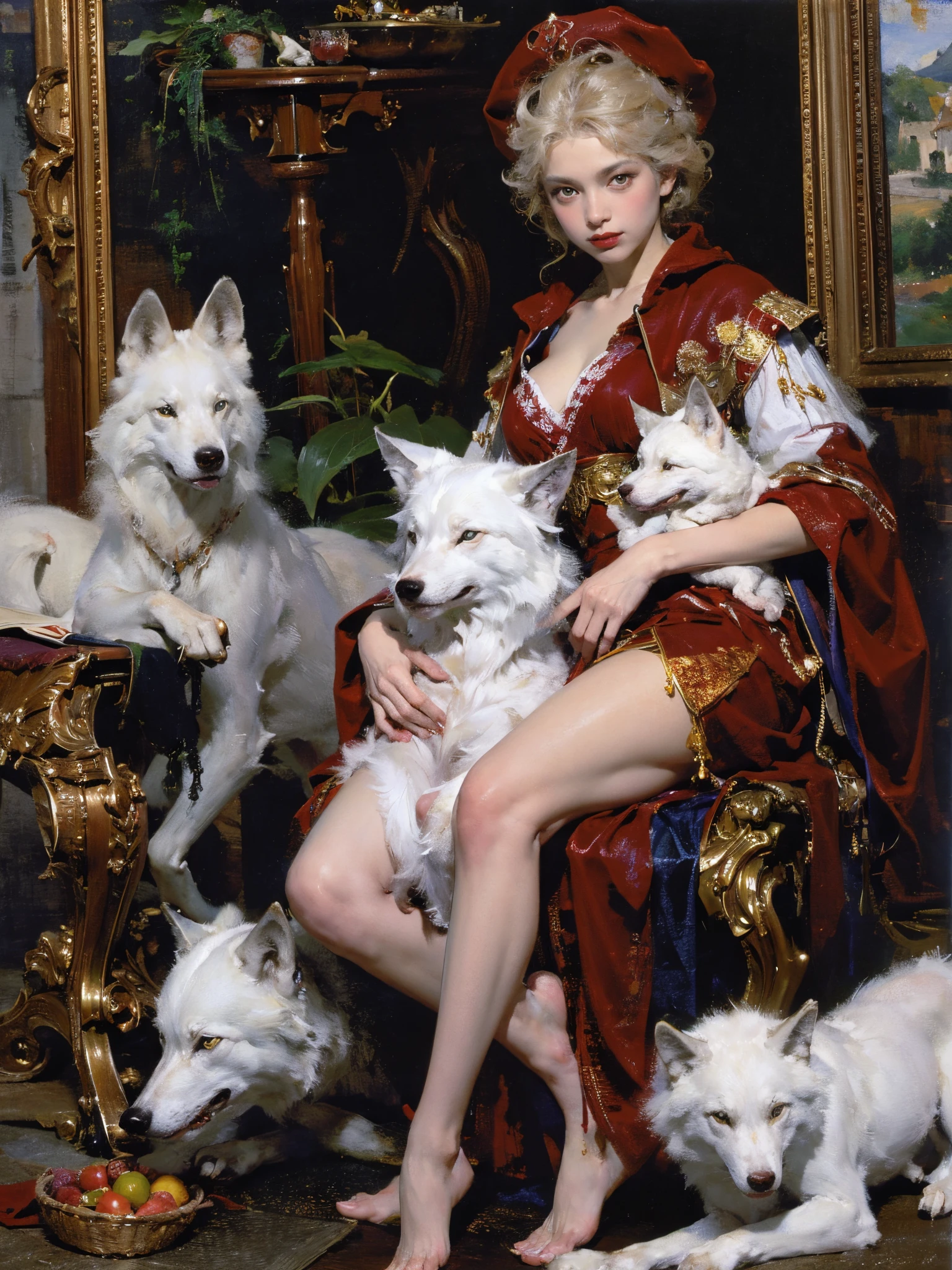 Describe the scene where the girl in red meets the wolf，(((white wolf)))，Quiet and harmonious atmosphere，Dramatic composition，warm color palette，Correct anatomy，Detailed faces, 詳細な目，（Girls wear：red shawl，Red Hat，laced dress，Red Hat, cloaks, Large bra, a skirt, Red dress，Carrying a basket of fruit），Background with：luring，natural  lightting, Candy   House，a fairy world，Close-up cleavage，Charming and sexy legs，((Sexual suggestiveness)),Attractions,(post impressionist),Many colors,(Fechin Oil Painting - Fechin Oil Painting , oil painted), Correct anatomy，Detailed faces, 詳細な目，04