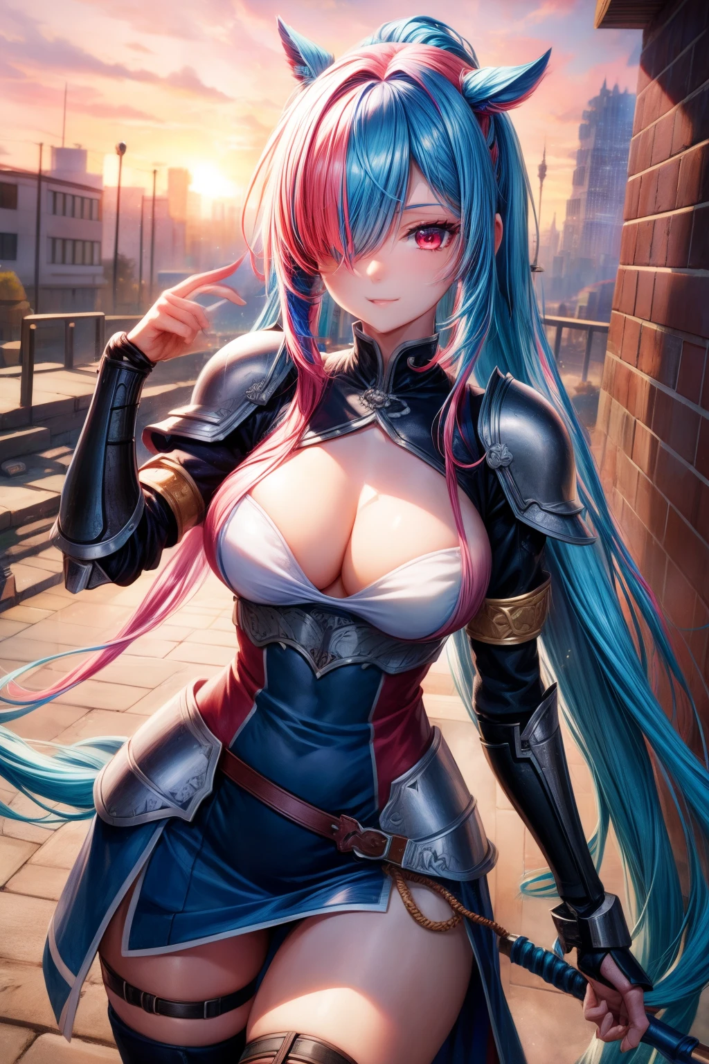Best quality at best, 4K, tmasterpiece, The is very detailed, high detal, 1个Giant Breast Girl, Alone, Perry, Blue hair, hair covering one eye, Colorful hair, dual horsetail, with pink hair, red eyes, two tone color hair, armour, ssmile, burning city background
