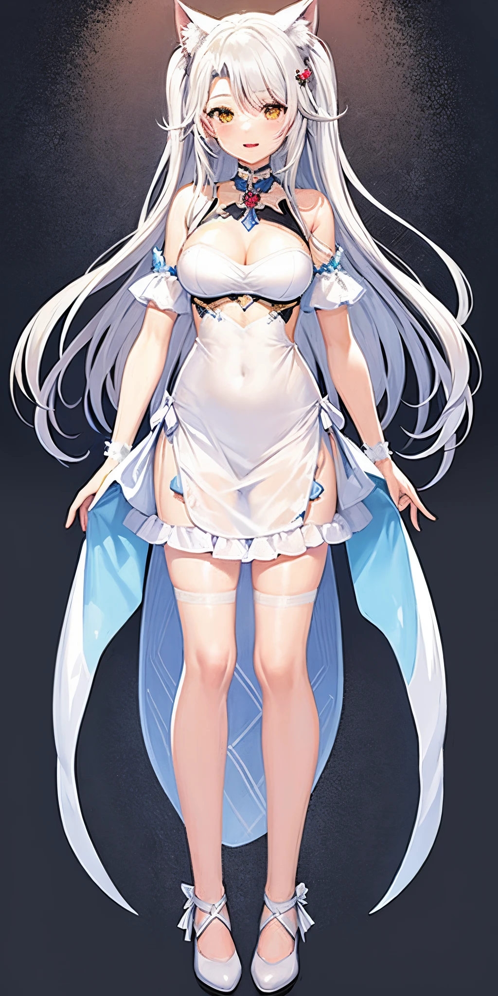 One in a white dress、Anime character of woman with cat ears, Cute anime waifu wearing nice clothes, White dress!! silber hair, azur lane style, Translucent liquid comes from《Azure route》videogame, in dress, 《Azure route》人物, from girls, clear outfit design, Anime full body illustration, white-haired god, Official character art