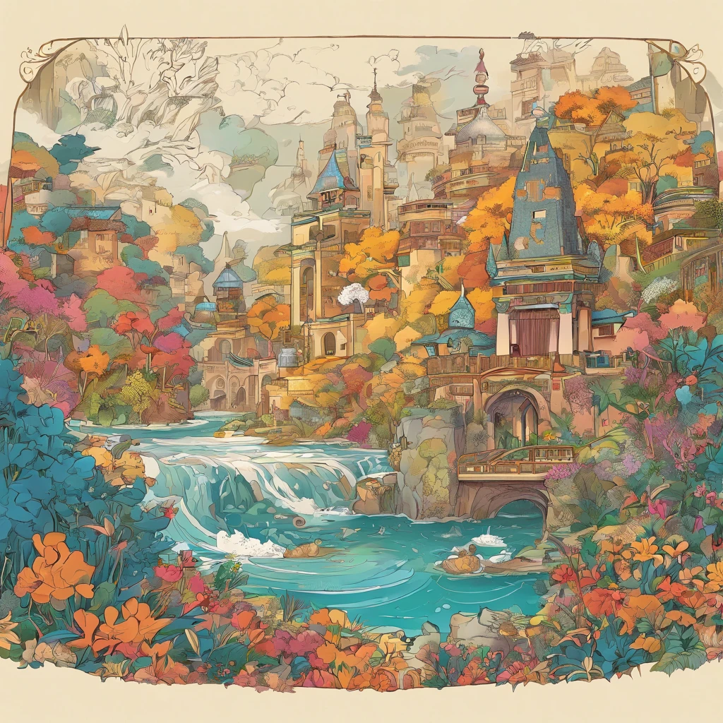 (ruins)、Magical ruins with extremely sharp and rich details、「search and search」Create a style illustration. Make sure your scene is filled with intricate details, Vibrant colors, Realistic texture. Contains 20 different mystical creatures, [number] magic object, 50 surprising elements that stand out. for a fascinating experience、Emphasizes high levels of detail and visual richness.