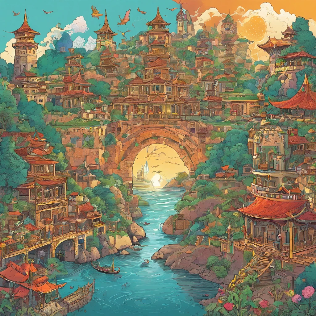 (ruins)、Magical ruins with extremely sharp and rich details、「search and search」Create a style illustration. Make sure your scene is filled with intricate details, Vibrant colors, Realistic texture. Contains 20 different mystical creatures, [number] magic object, 50 surprising elements that stand out. for a fascinating experience、Emphasizes high levels of detail and visual richness.