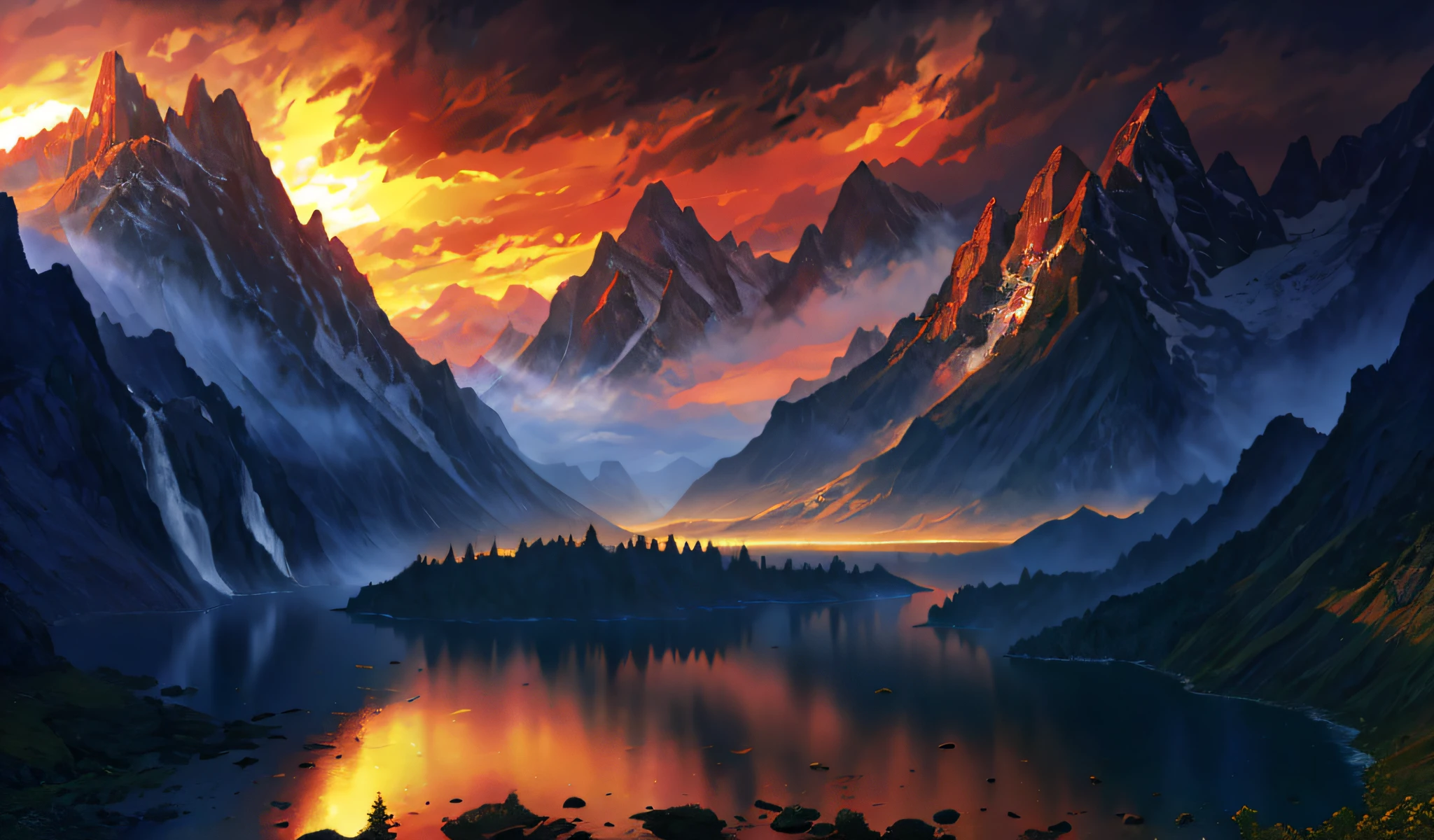 A painting of a mountain range with a lake and a sunset - SeaArt AI