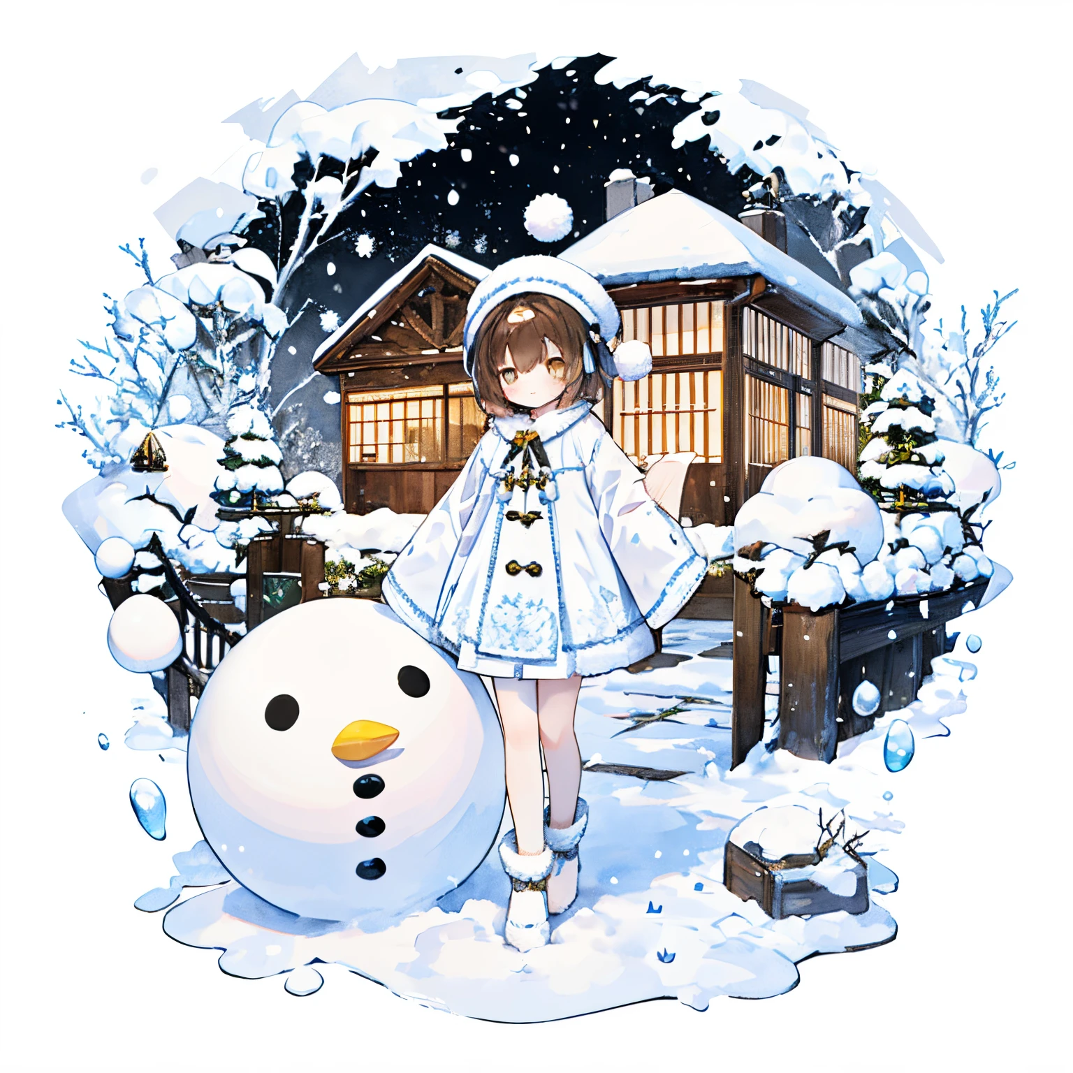 Transparent watercolor,girl with,Jewel Eyes,Beautiful arrangements and motifs、A slight smil、Originality、GAMECHARACTER DESIGN、kirakira、ornamented、ren, Snow-white clothes、The sleeves are also fluffy、Fluffy house、White short dress、Winters、snow motif、Yuki、white fluffy little hat、yellow eyes、brown haired, short-hair、, Gentle smile, White background,, Detailed picture , depth of fields , Fantastic 、GAMECHARACTER DESIGN、(one girls:1.0)、A slightly surprised look、Hands as vessels、Scooping snow by hand、hold snow with both hands、snow fox、lots of fur、full body Esbian、snowman