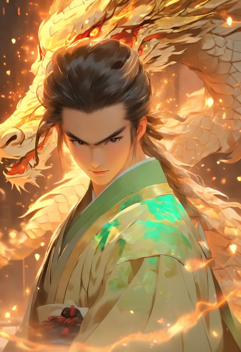 (tmasterpiece), (Best quality), Cinematic quality,Rendered by Octane,Ultra-detailed details,1 boy,Face of a young man,Facial detail portrayal,Perfect facial features,(Behind him,huge light dragon:1.6)(light particles in air:1.5),beam of light,optics,floating light energy,glowing body,Glowing Dragon,staredown, watch audience, (Ancient Chinese Hanfu:1.2), (Holding a long sword:1.2),