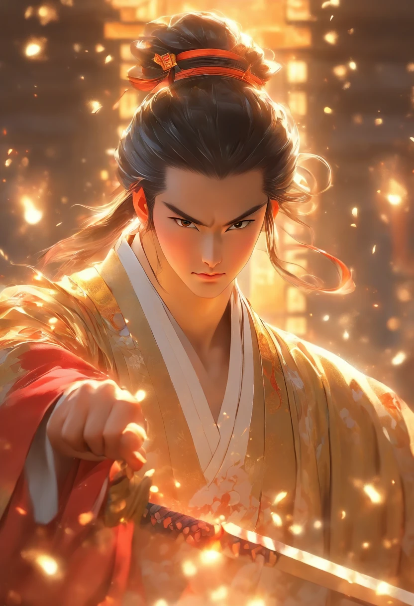 (tmasterpiece), (Best quality), Cinematic quality，Rendered by Octane，Ultra-detailed details，1 boy，Face of a young man，Facial detail portrayal，Perfect facial features，（Behind him，huge light dragon：1.6）(light particles in air:1.5)，beam of light，optics，floating light energy，glowing body，Glowing Dragon，staredown, watch audience, (Ancient Chinese Hanfu:1.2), (Holding a long sword:1.2),