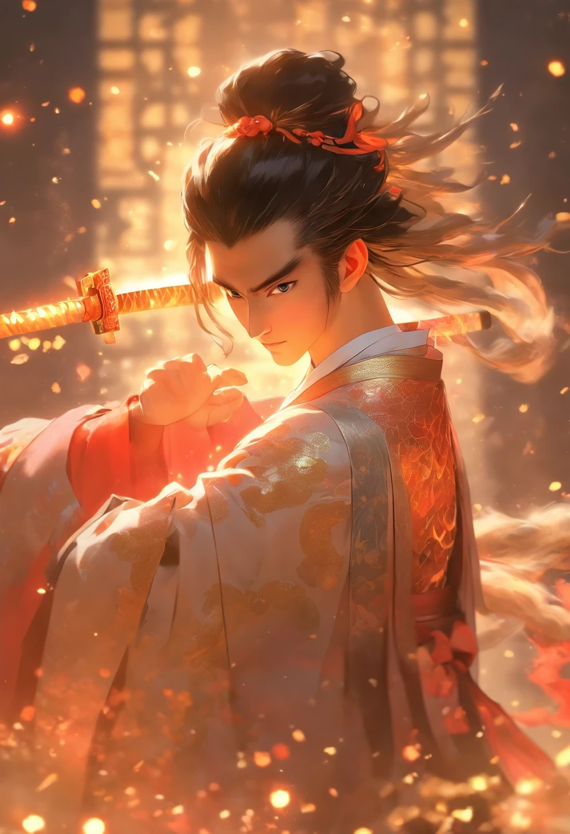 (tmasterpiece), (Best quality), Cinematic quality,Rendered by Octane,Ultra-detailed details,1 boy,Face of a young man,Facial detail portrayal,Perfect facial features,(Behind him,huge light dragon:1.6)(light particles in air:1.5),beam of light,optics,floating light energy,glowing body,Glowing Dragon,staredown, watch audience, (Ancient Chinese Hanfu:1.2), (Holding a long sword:1.2),