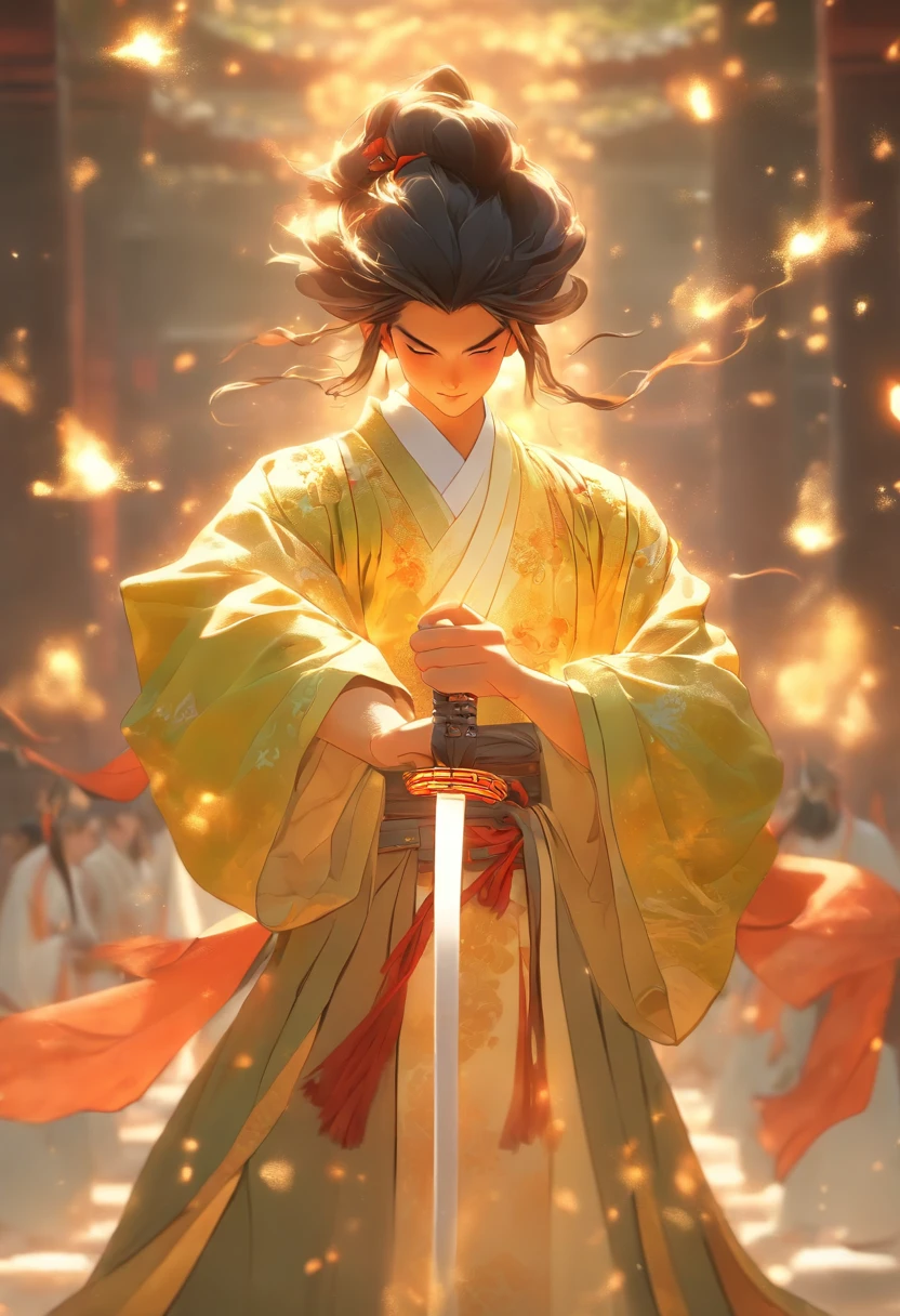 (tmasterpiece), (Best quality), Cinematic quality,Rendered by Octane,Ultra-detailed details,1 boy,Face of a young man,Facial detail portrayal,Perfect facial features,(Behind him,huge light dragon:1.6)(light particles in air:1.5),beam of light,optics,floating light energy,glowing body,Glowing Dragon,staredown, watch audience, (Ancient Chinese Hanfu:1.2), (Holding a long sword:1.2),