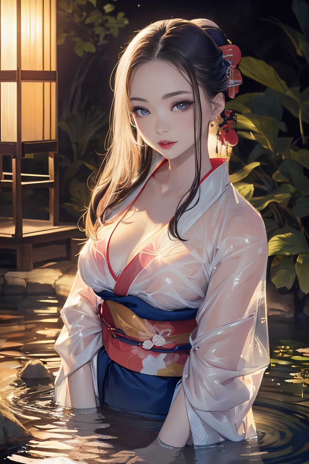 ((Waterfall basin on a moonlit night)),((beautiful woman standing in the middle of the pond)),((Beautiful half-naked woman in a beautiful waterfall basin)), ((Sharp bewitching eyes))、((A sexy))、(((See-through kimono:1.3)))、((Kimono made of thin cloth wet with water:1)), pale skin、Nipple bumps, (((1 girl in:1))), ((pale skin))、Melancholy beautiful face、Beautiful expression、Sexy face、Nipple bumps, (((Lower breast)))、(((Beautiful breasts ))), Beautiful 、Super fine face、Delicat eyes、(Double eyelids)、 (((1 Japan Woman)))、 Beautie, 20yr old,((See-through kimono)), (Show off by wearing Japanese revealing clothes),