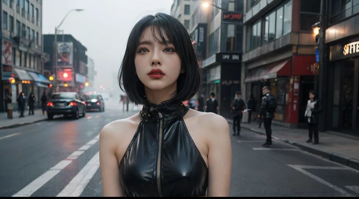1 girl,Alone,(3D realistic), Cold,mediuml breasts,(Chopping),tight leather clothes,cropped shoulders, hyper HD, 8K,theatrical,(Mid-range portrait),looking at the camera in,The cities of the future,On the street corner,natta,Sateen,volume fog,steamy,cyber punk perssonage