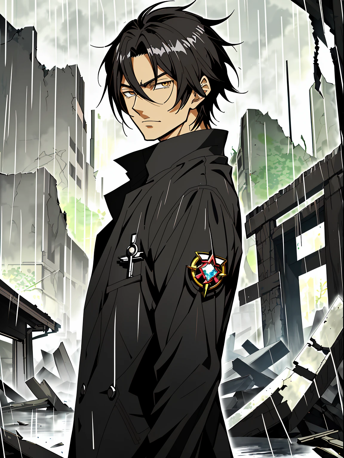 Man in black coat among ruins in the rain, black hair color hair,Black colored eyes, anime handsome man, Anime handsome avatar, Key anime art, male anime characters,Official illustration, offcial art, young anime man, Key anime art,