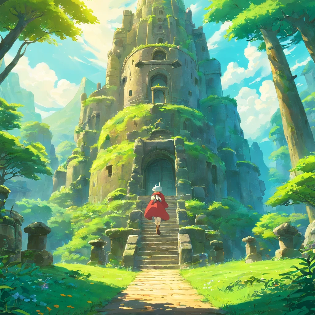 Magical ruins with extremely sharp and rich details、「search and search」Create a style illustration. Make sure your scene is filled with intricate details, Vibrant colors, Realistic texture. Contains 20 different mystical creatures, [number] magic object, 50 surprising elements that stand out. for a fascinating experience、Emphasizes high levels of detail and visual richness.