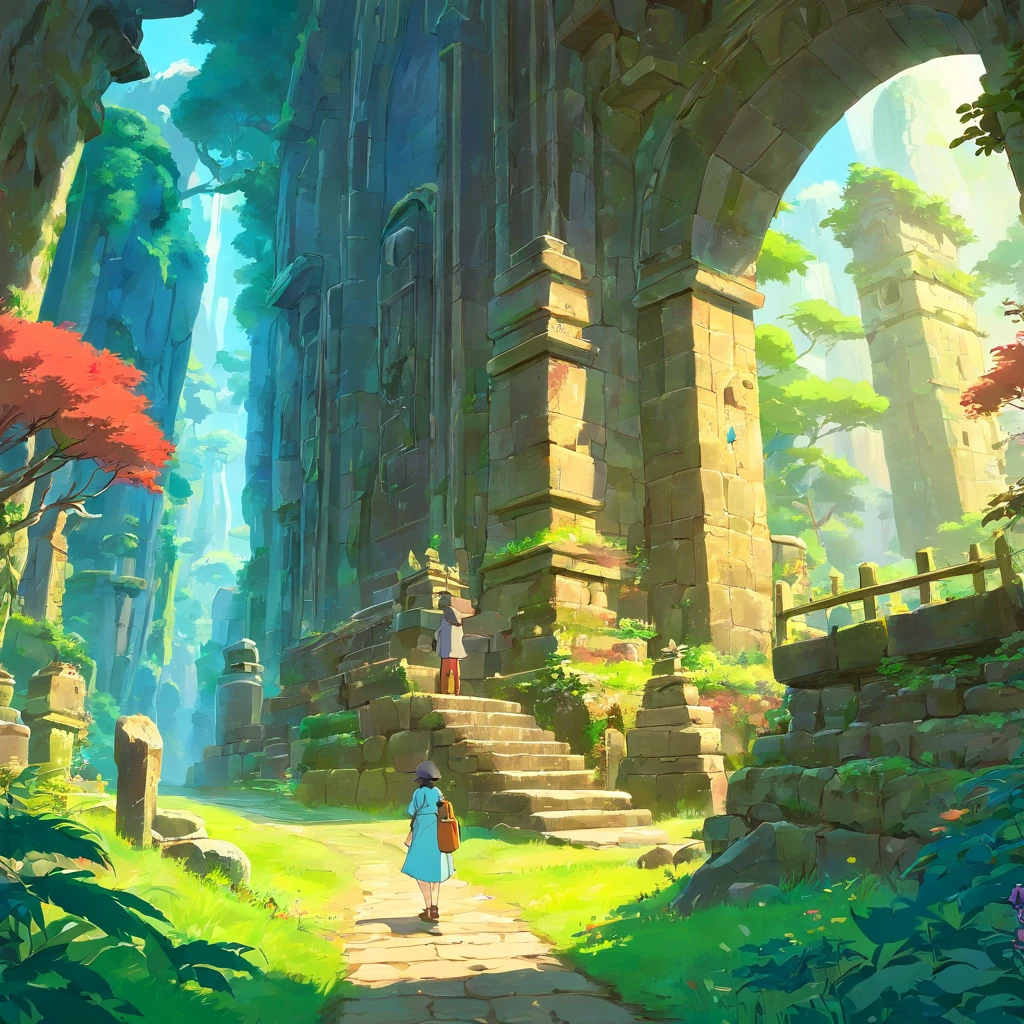 Magical ruins with extremely sharp and rich details、「search and search」Create a style illustration. Make sure your scene is filled with intricate details, Vibrant colors, Realistic texture. Contains 20 different mystical creatures, [number] magic object, 50 surprising elements that stand out. for a fascinating experience、Emphasizes high levels of detail and visual richness.