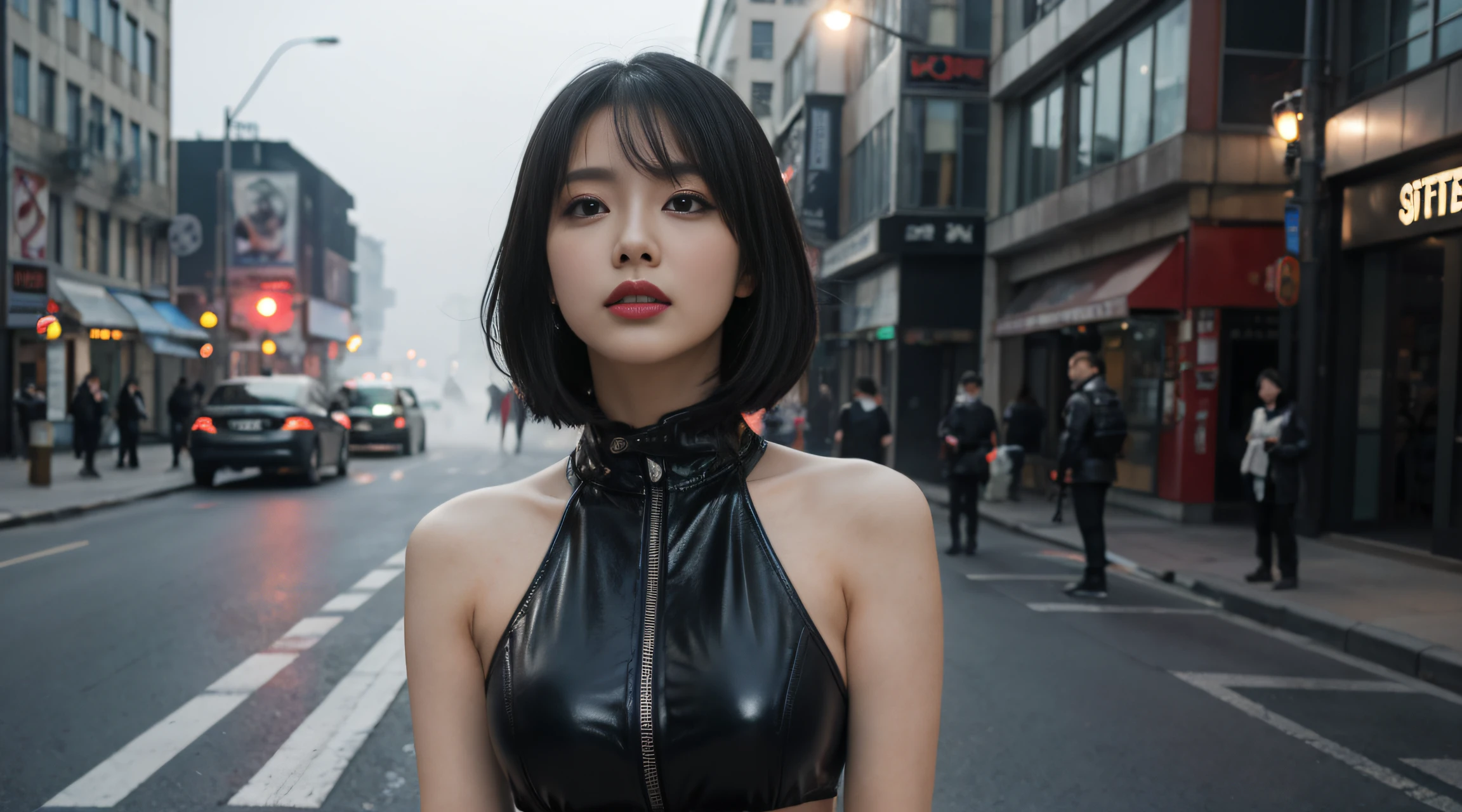 1 girl,Alone,(3D realistic), Cold,mediuml breasts,(Chopping),tight leather clothes,cropped shoulders, hyper HD, 8K,theatrical,(Mid-range portrait),looking at the camera in,The cities of the future,On the street corner,natta,Sateen,volume fog,steamy,cyber punk perssonage