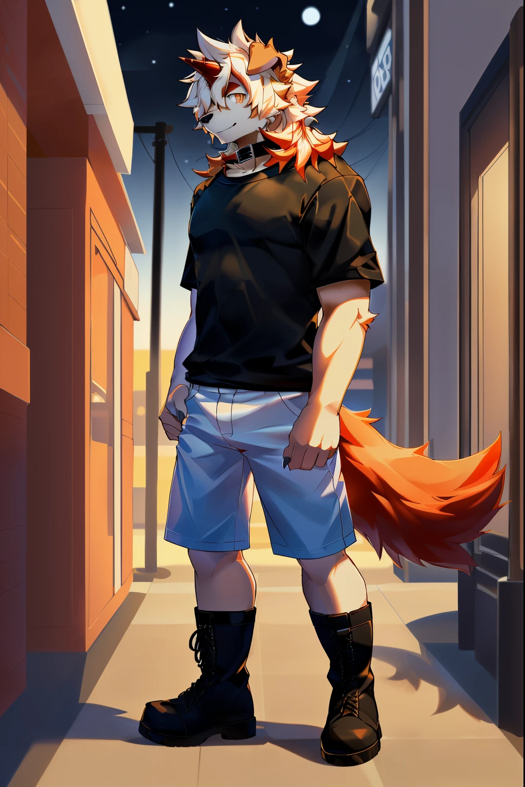 (stay in log, author:ghost of emptiness, by making friends, by honoway, by thebigslick, author:Feinhertz), male people, Alone, Domestic dogs, horn, shrug ears, paws with claws, ssmile,tmasterpiece, Best quality at best, offcial art, extremely detaild的 CG unified 8k wallpapers, ultra - detailed, Best Best Illustration, The best shadow, perfect litthing, White fur, furry male, Dog boy, hairy pubic hair, Two-tone fur, 1 boy, Hair color, malefocus, horn, Striped hair, dog ears, Animal ear, single horn, Brown fur, through bangs, orange color hair, White hair, Medium hair, Orange eyes, Alone,Black pupils,ssmile,face flushed,the shy,sexy for,unfulfilled desires,Casual T-shirt,Casual shorts,Bare calves,black black jacket,boots,in business center,in a clothing store,with a collar around the neck,Dog leashes,In the darkness of the night,Stand up,play cool,Lateral face,sideface,Alone,Tall and strong,Orange tail,furry tail,The hair is supple,panting,Gentle eyes,Mild,A slight smil,strong,The light is very gentle,coffee in hand,Hand-held shopping bags
