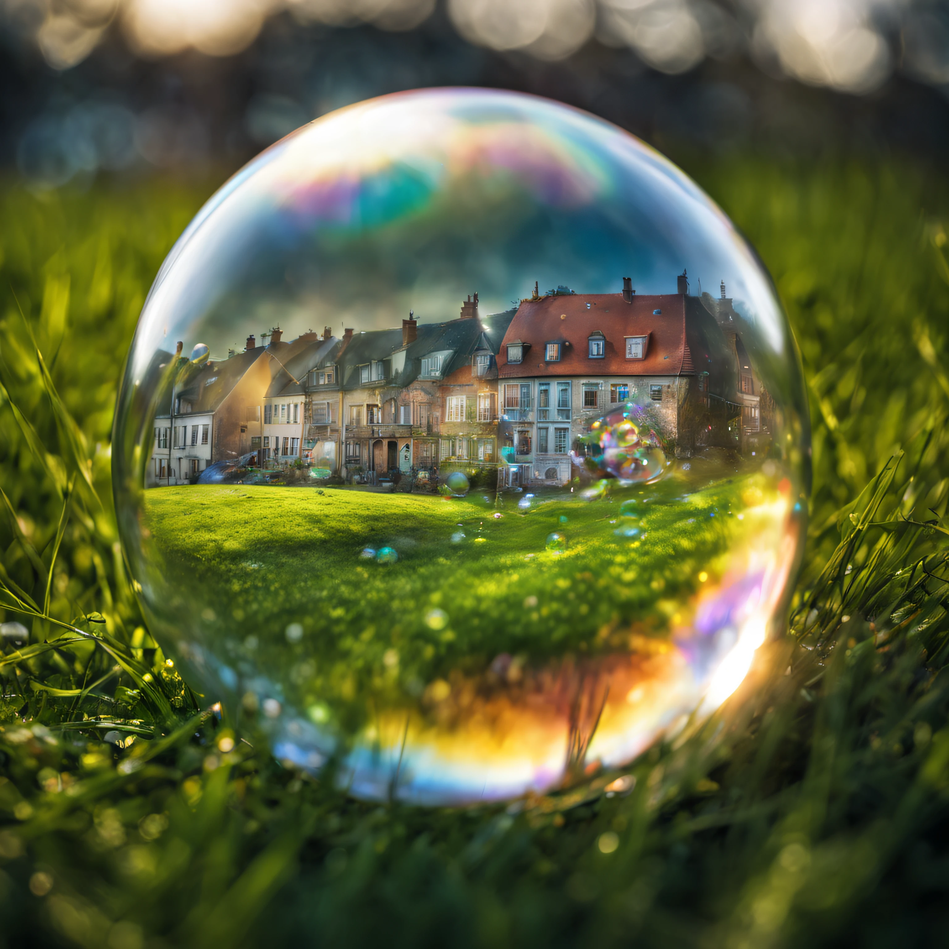 Photography image with double exposure, combining a small town and a soap bubble, soap bubble lies on the grass with dew, inside a soap bubble a small city with its details, thinly inscribed inside a soap bubble, Clear Focus, High depth of field , Doubleexposure, hyper realistic, Extremely detailed, ray traced, Cinematic, HDR, Photorealistic (Doubleexposure:1.1)