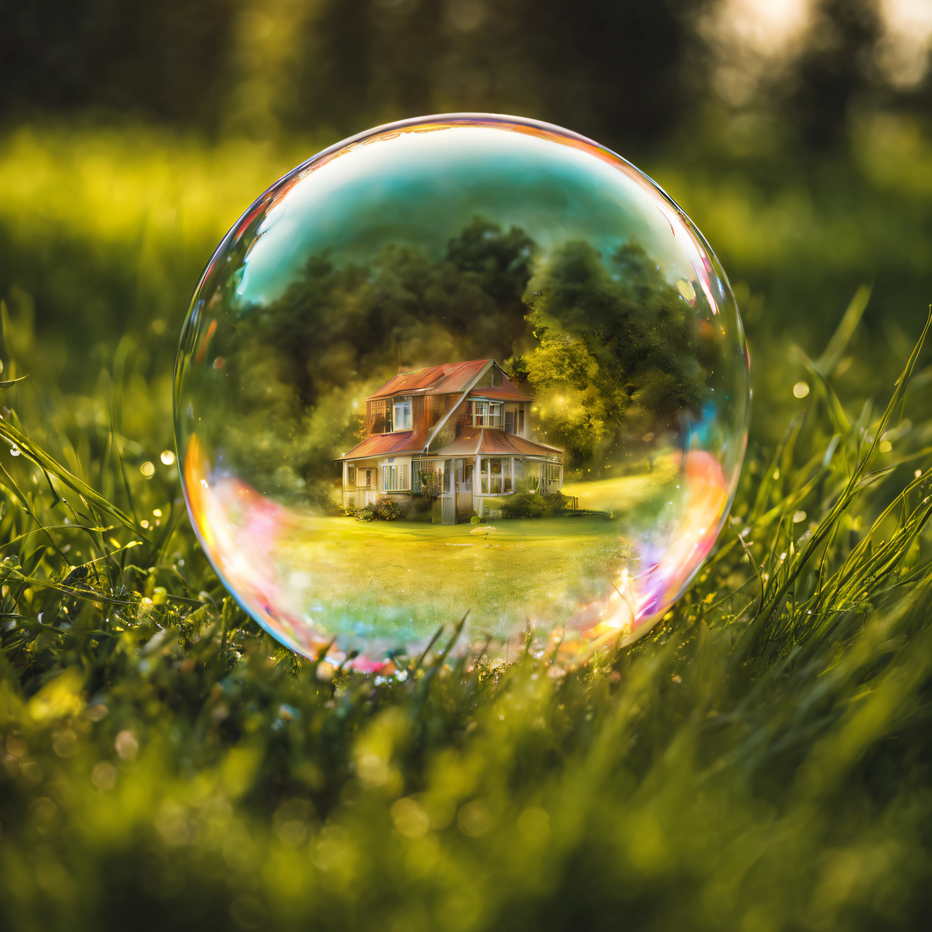 Photography image with double exposure, combining a small town and a soap bubble, soap bubble lies on the grass with dew, inside a soap bubble a small city with its details, thinly inscribed inside a soap bubble, Clear Focus, High depth of field , Doubleexposure, hyper realistic, Extremely detailed, ray traced, Cinematic, HDR, Photorealistic (Doubleexposure:1.1)