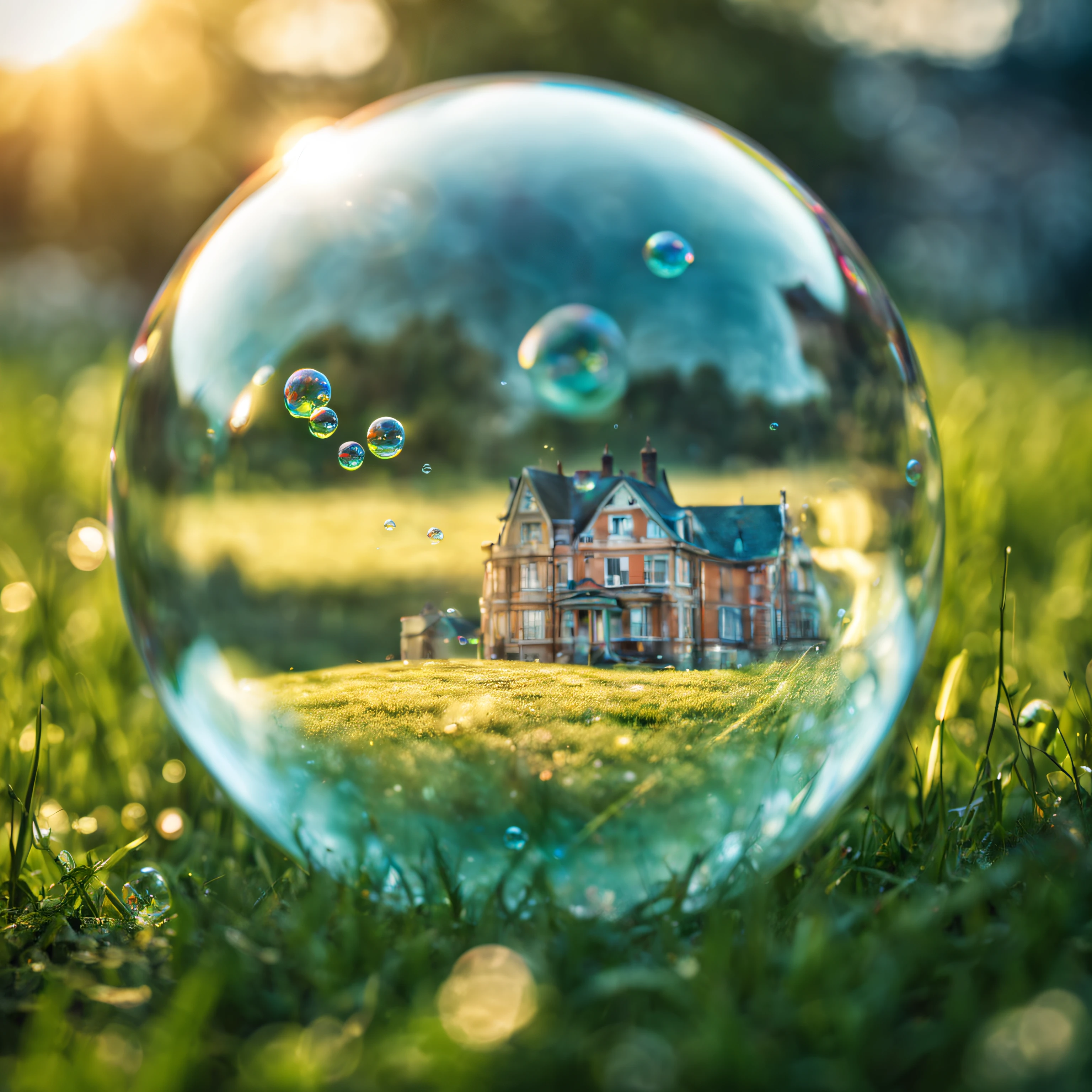 Photography image with double exposure, combining a small town and a soap bubble, soap bubble lies on the grass with dew, inside a soap bubble a small city with its details, thinly inscribed inside a soap bubble, Clear Focus, High depth of field , Doubleexposure, hyper realistic, Extremely detailed, ray traced, Cinematic, HDR, Photorealistic (Doubleexposure:1.1)