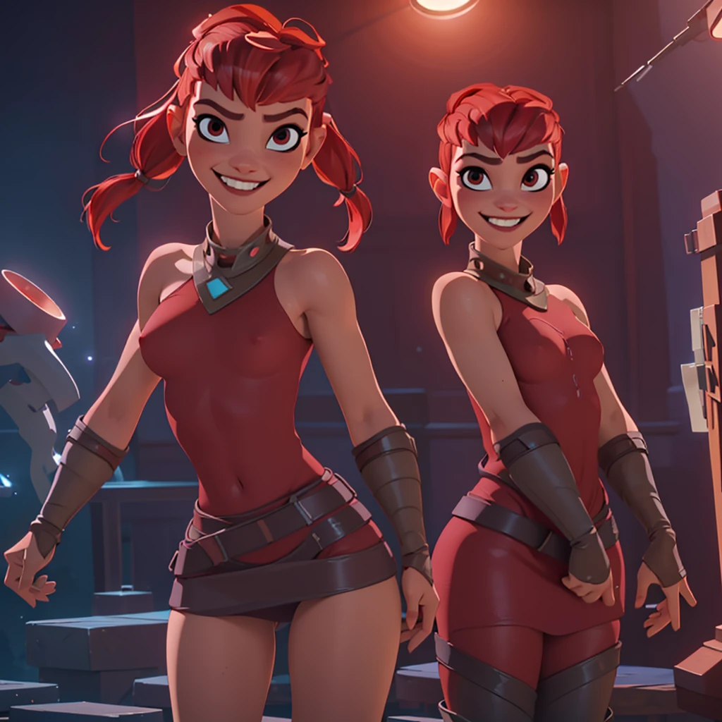 NSFW, nude, (8k, best lighting, masterpiece, best quality, best luminosity, best shadow, particles, bloom, extra lights, cinematic lights), nimona, (1girl, solo), slender figure, small breasts, bare breasts, brown nipples, red pubic hair, sexy, standing, devilish smile, (looking at viewer, red hair, sharp)