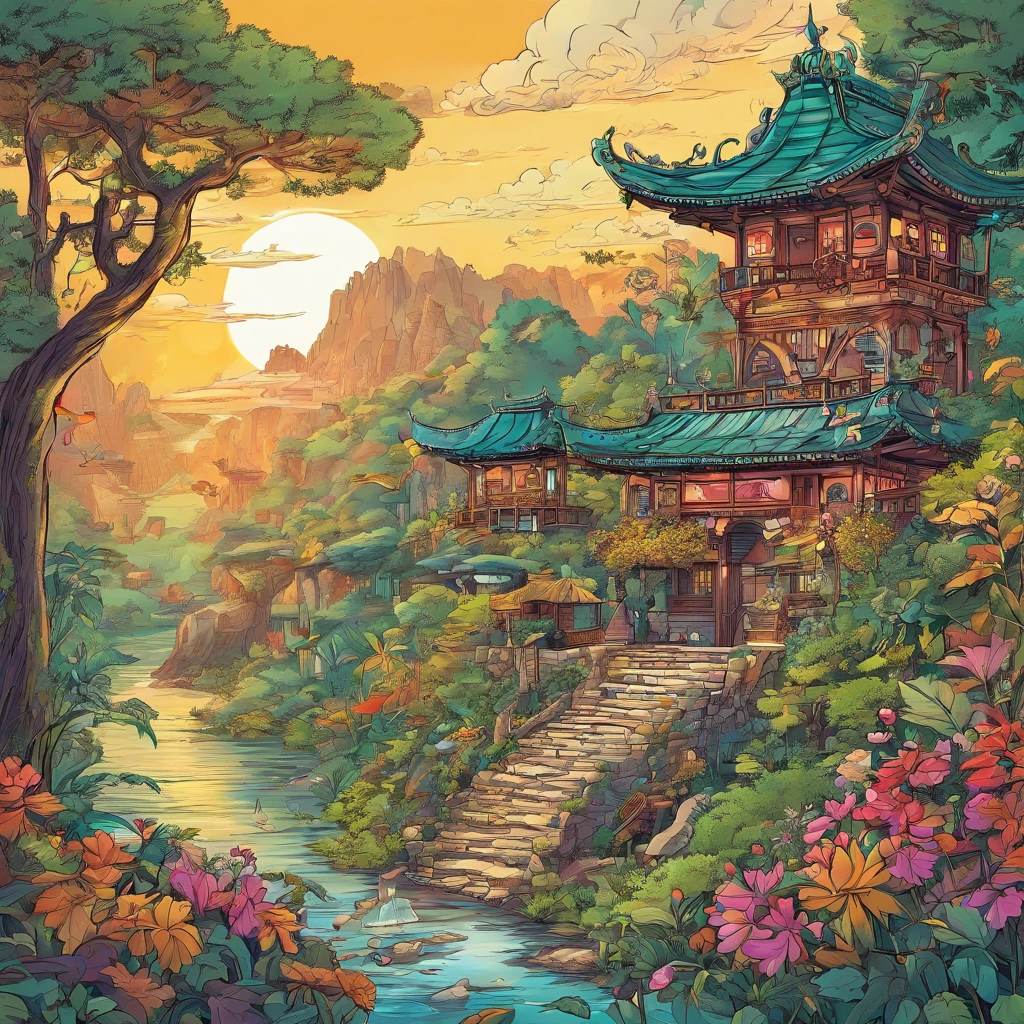 (Ruins)、Magical ruins with extremely sharp and rich details、「search and search」Create a style illustration. Make sure your scene is filled with intricate details, Vibrant colors, Realistic texture. Contains 20 different mystical creatures, [number] magic object, 50 surprising elements that stand out. for a fascinating experience、Emphasizes high levels of detail and visual richness.