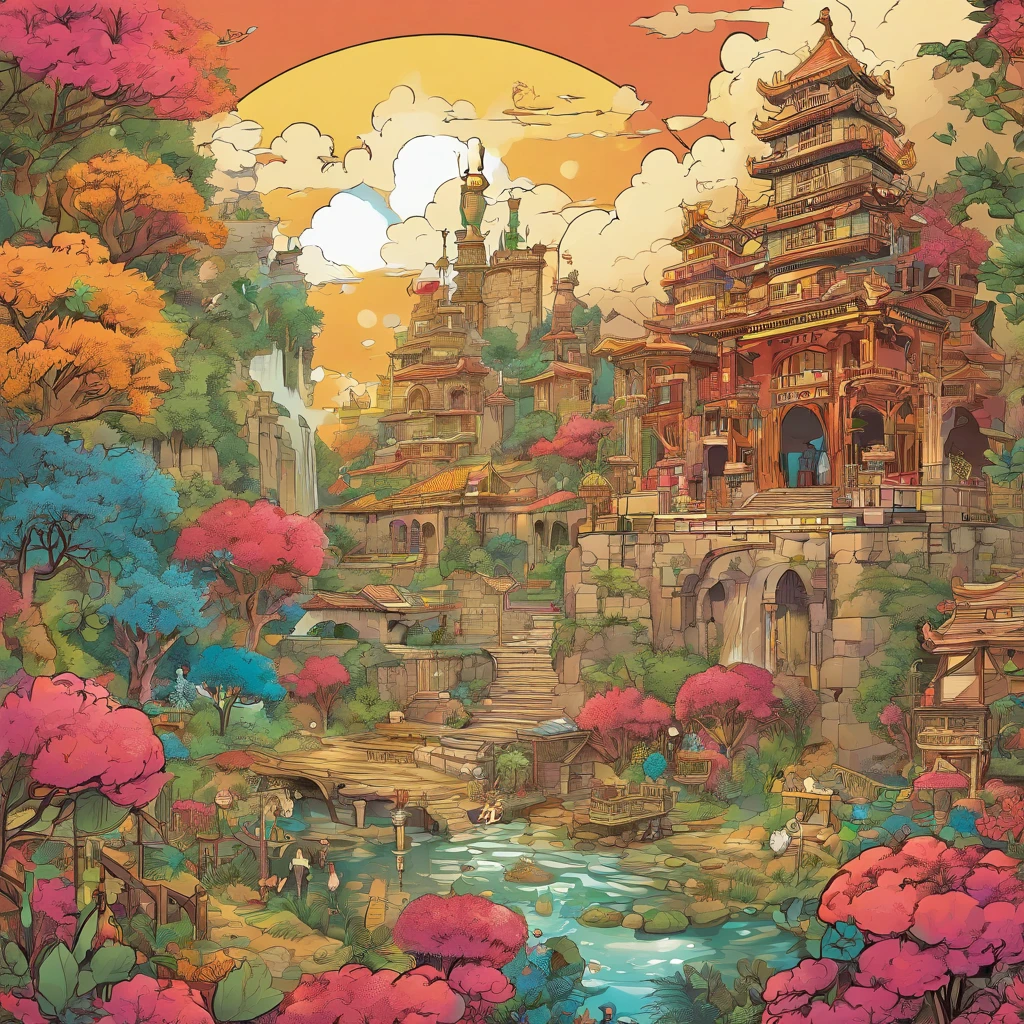 (Ruins)、Magical ruins with extremely sharp and rich details、「search and search」Create a style illustration. Make sure your scene is filled with intricate details, Vibrant colors, Realistic texture. Contains 20 different mystical creatures, [number] magic object, 50 surprising elements that stand out. for a fascinating experience、Emphasizes high levels of detail and visual richness.