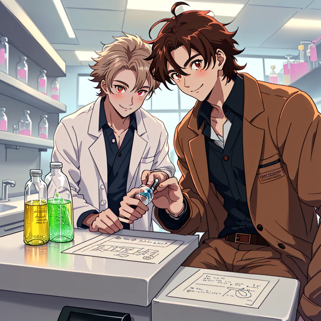 anime style drawing, (Male1, long white hair, 26 years old, lab coat, in lab, holding chemical solution in bottle, sitting on counter looking forwards, soft smile, glittery soft red eyes.) (Male 2, brown hair detective, brother of male one, long brown coat with clipboard and magnifying glass, brown eyes with pink heart pupils.)