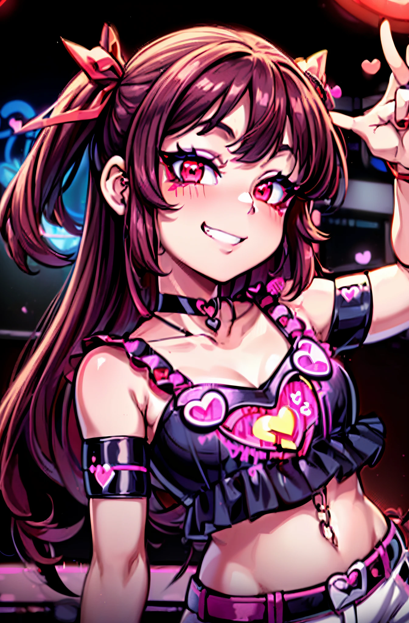 Reimu Hakurei at a rave, looking at the viewer with an seductive smile while dancing, confident, ((nightclub, Rave, neon_lights:1.5)),Brown hair, brown eyes, ((bangs, red ribbon:1.3)), e-girl outfit:1.7, (((Eyeliner, Heart-Shaped Stamp, Choker, Belt Chain:1.3))), teenager, anime art, cel shading